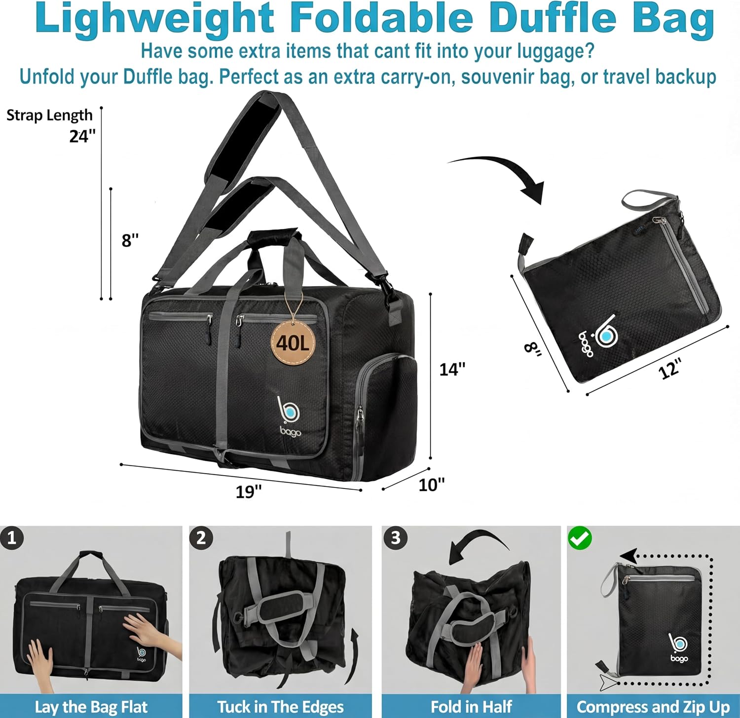 Bago Large Duffle Bag for Travel Women & Men. Durable Lightweight Foldable Travel Duffel Bags For Traveling Women. 80L Duffle Bags For Overnight Bag With Shoe Compartment Collapsible Weekender duffel