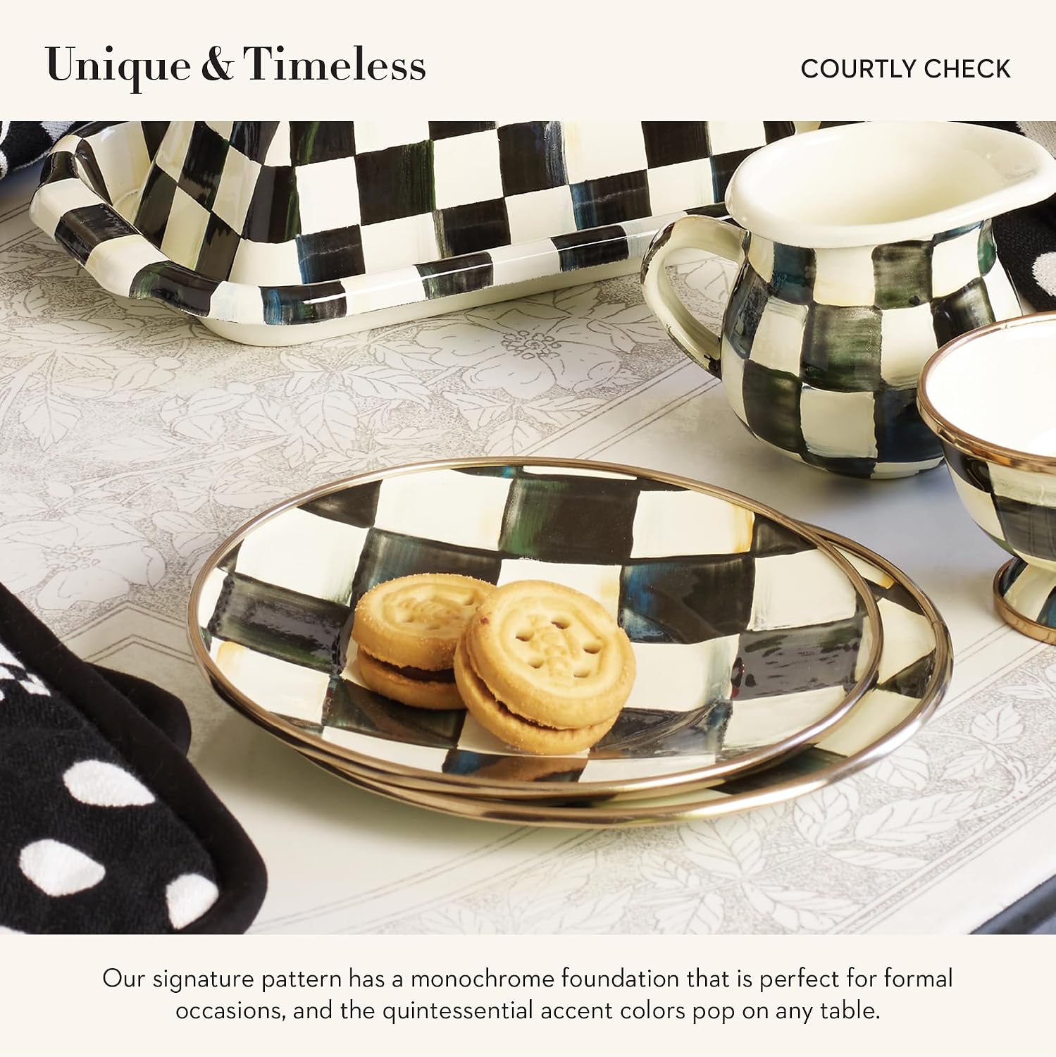 MACKENZIE-CHILDS Enamel Saucer, Black-and-White Courtly Check | Hand-painted design, made from enameled steel, small plate for a coffee cup or teacup, 6" dia.