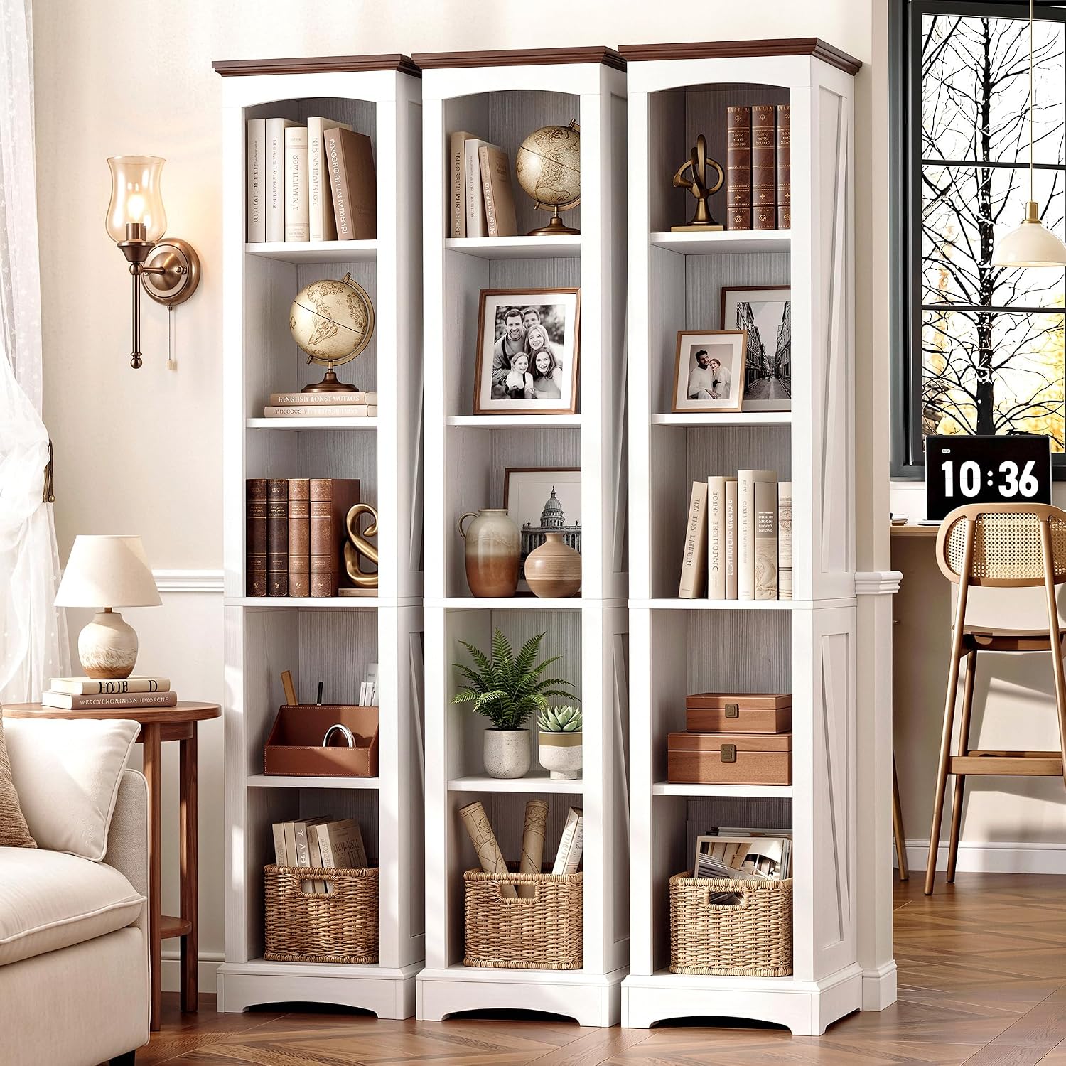 IRONCK 70" Tall Narrow 5-Tier Bookshelf, Farmhouse Bookcase White | White finish, anti-tip design, wood thick open shelf, cube storage for home office