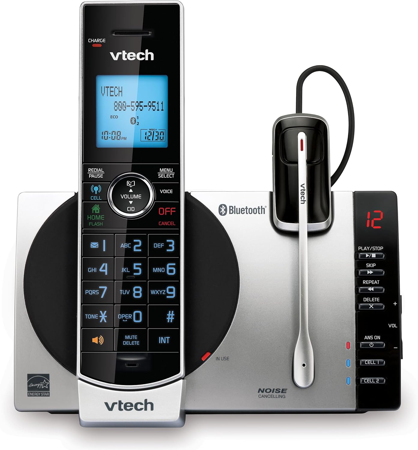 VTech DS6771-3 Connect to Cell, Cordless Phone with Answering Machine, DECT 6.0 Headset+2 Handset Intercom, Bluetooth, Caller ID/Call Waiting, Expandable System - Silver/Black