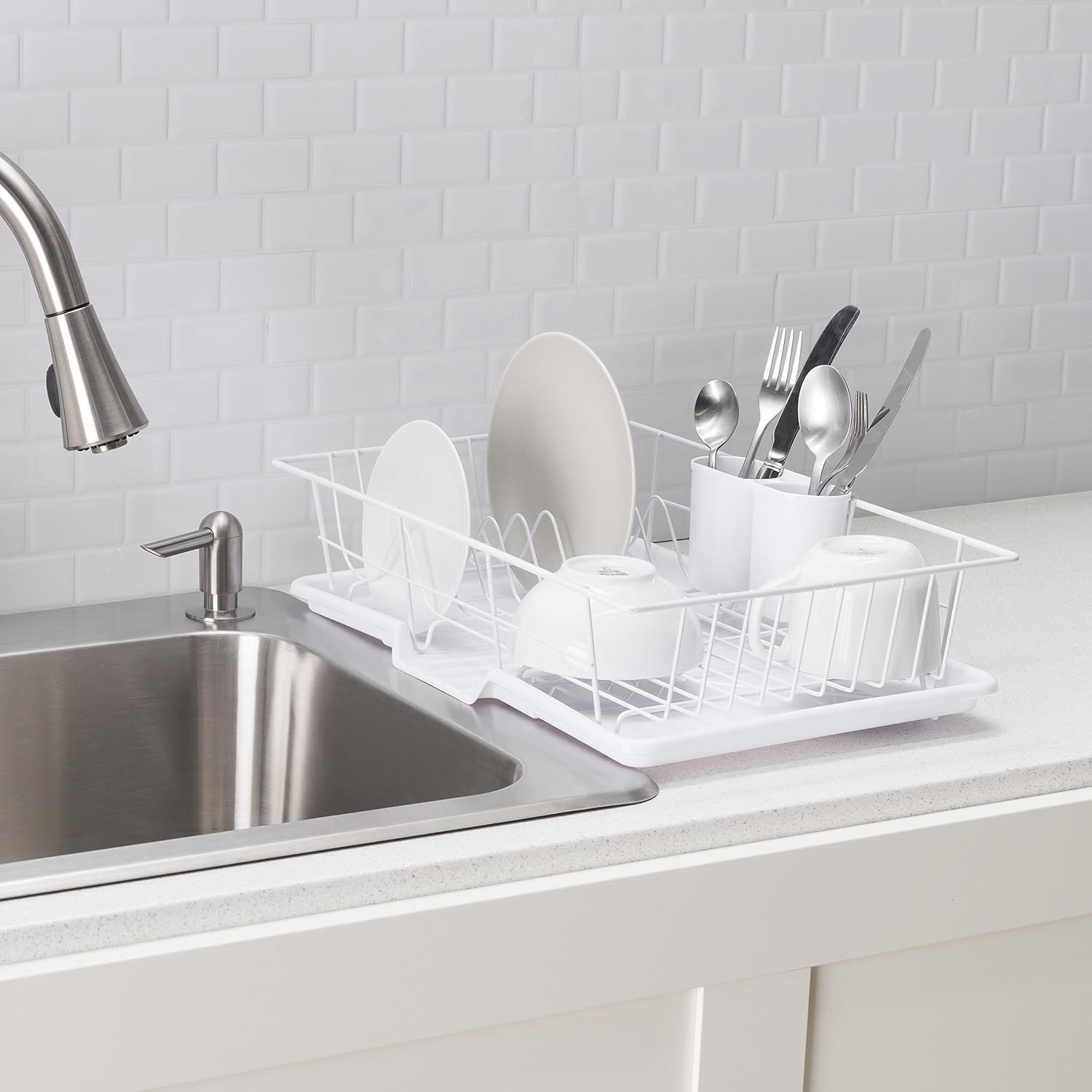 Home Basics 3 Piece Vinyl Coated Steel Dish Drainer, White