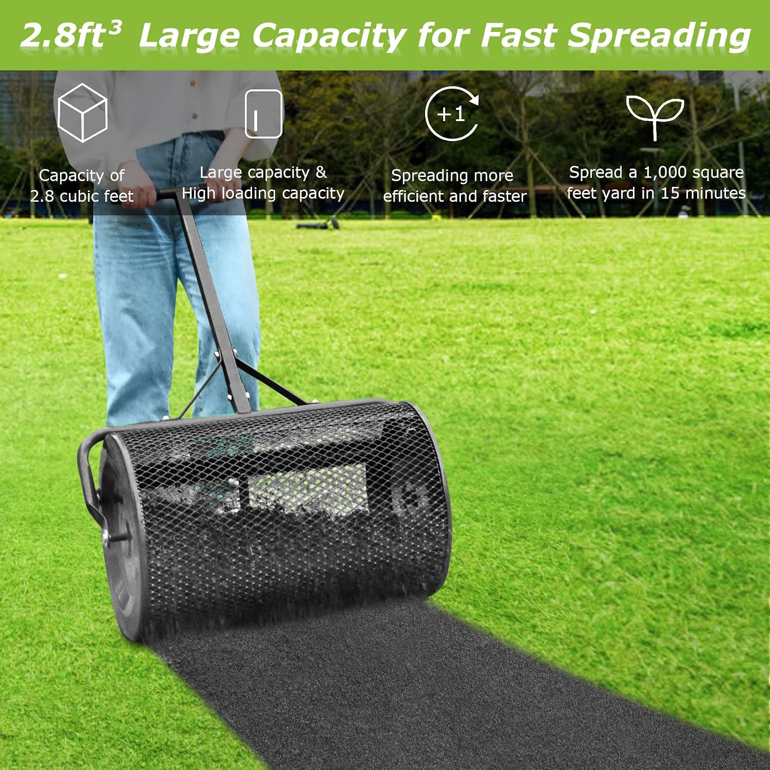 Seeutek Compost Spreader, 24" Peat Moss Spreader with 3 Heights | Push or Tow Top Soil Spreader W/Upgraded Side Latches Support Rod Powder Coated Metal Mesh Top Dressing Spreader for Lawn