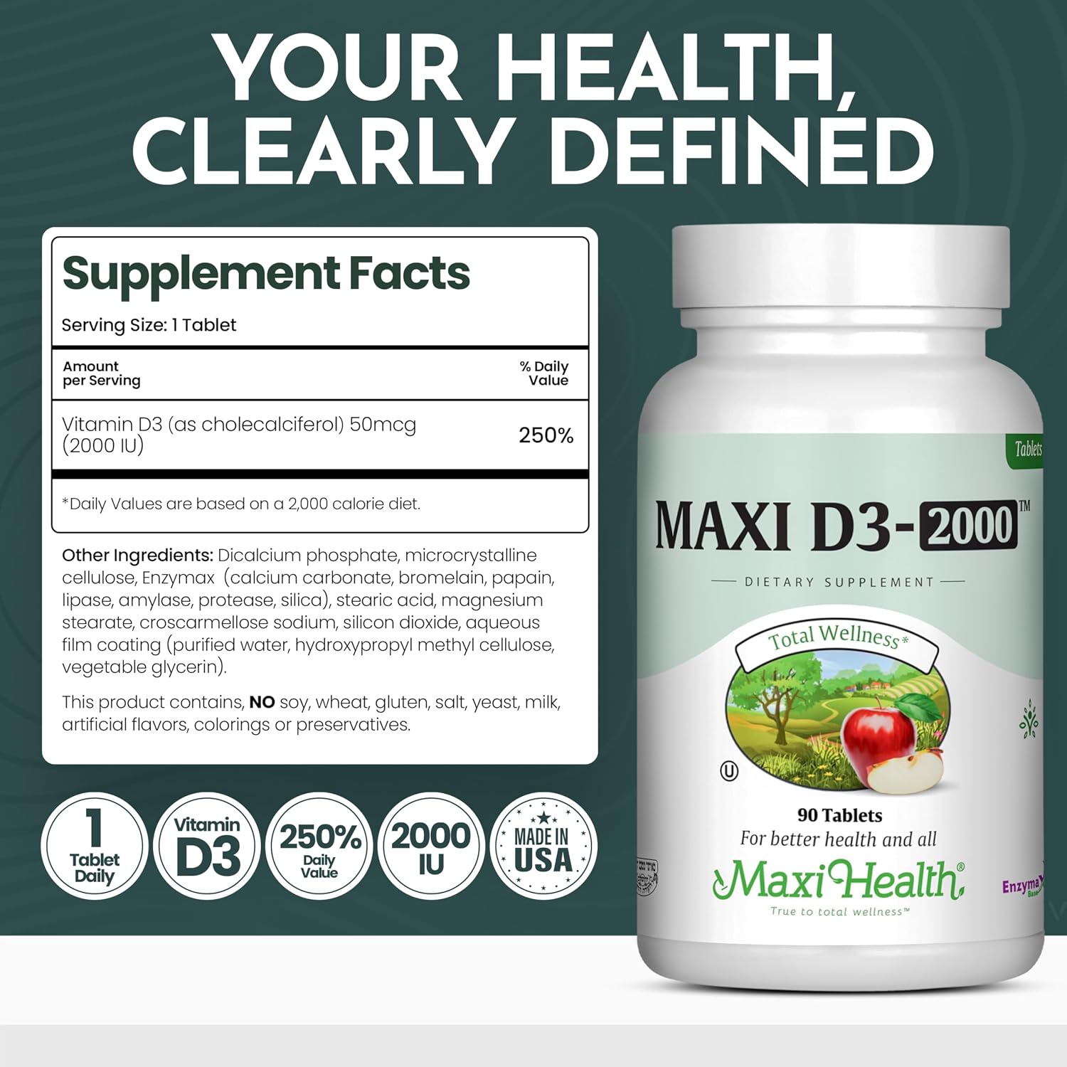 Maxi Health Kosher Vitamin D3 2000IU - Highly Absorbable Vitamin D Supplements for Healthy Immune Response, Calcium Absorption, Teeth & Bone Health - D3 Vitamin 2000 IU -180 Tablets