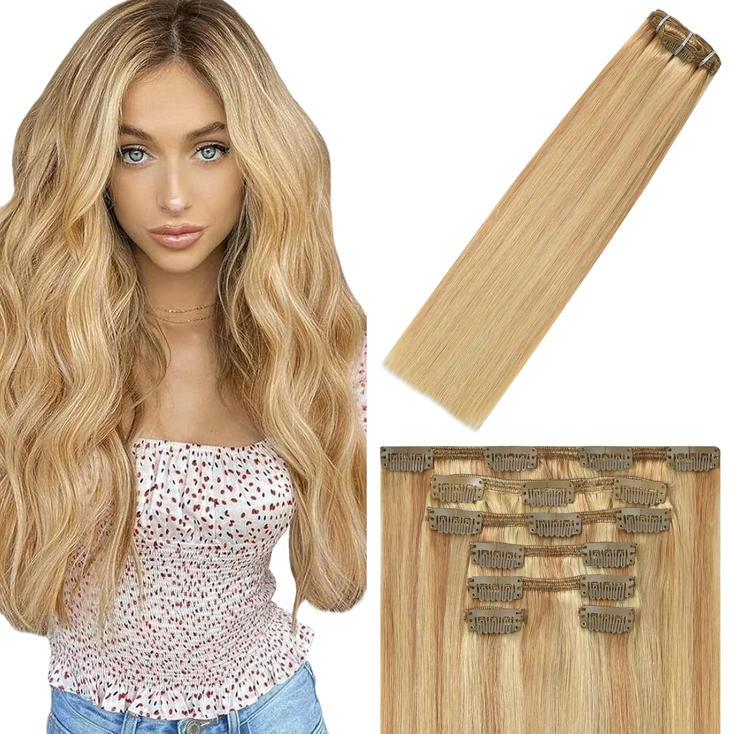 WindTouch Clip In Hair Extensions Human Hair Mixed Bleach Blonde 18Inch 75g Hair Extensions for Women Remy Blonde Extensions Clip in #18p613 7PCS