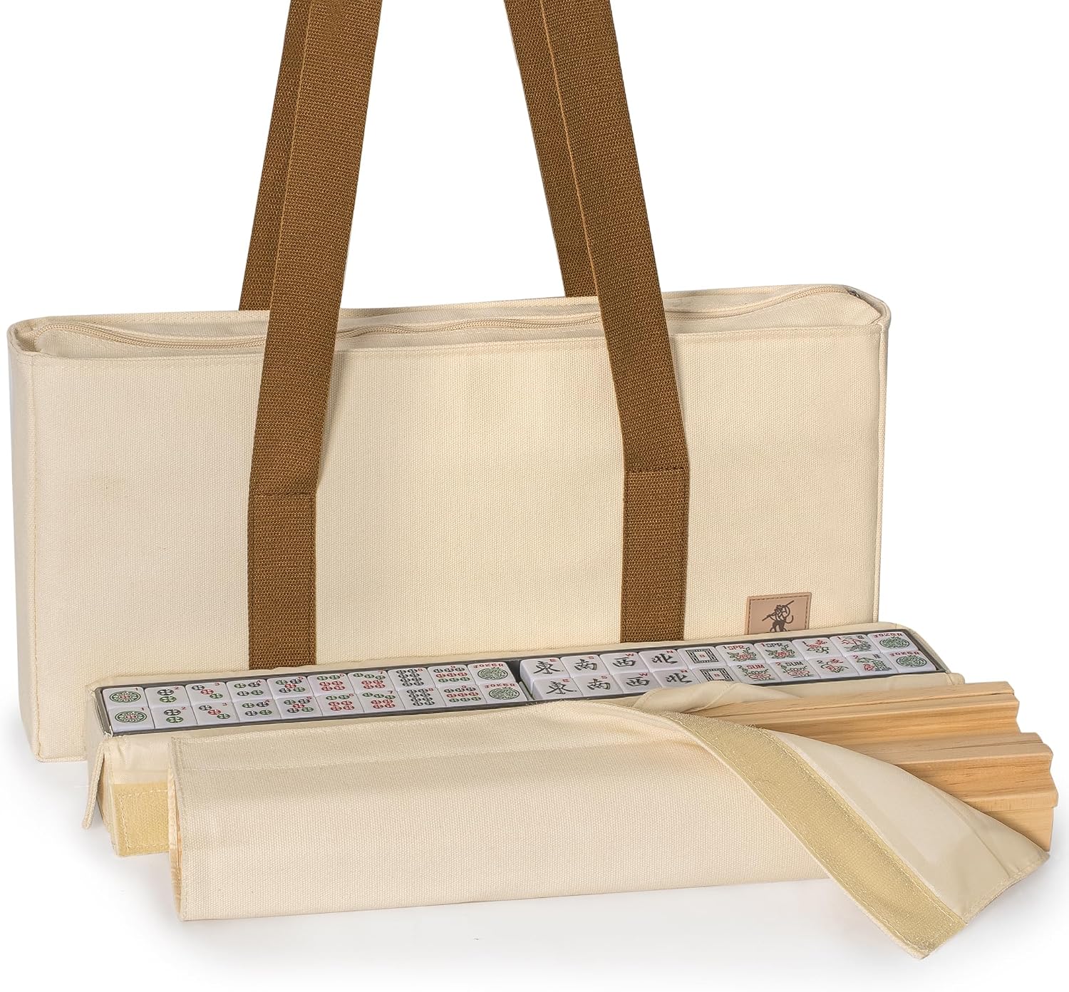 Yellow Mountain Imports American Mahjong Set, Mojave (Ivory) with Brown Soft Case, All-in-One Racks with Pushers, Wright Patterson Scoring Coins, Dice, & Wind Indicator