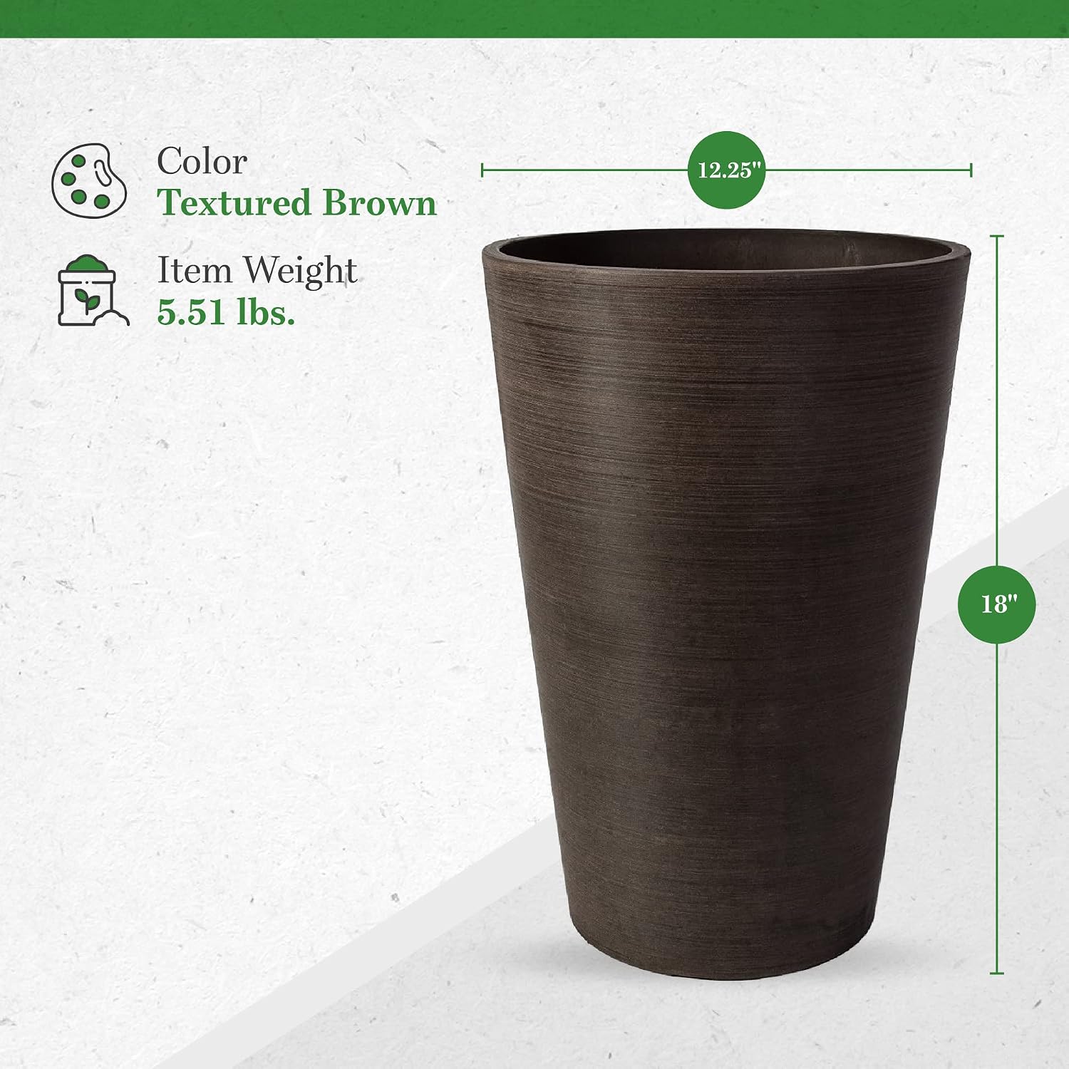 Algreen Valencia Round Planter Pot, 12.25 by 18-Inch, Textured Brown | Round Shape, Indoor Use, UV And Weather Resistant, Drainage Hole With Removable Plug, Lightweight 5.51 lb