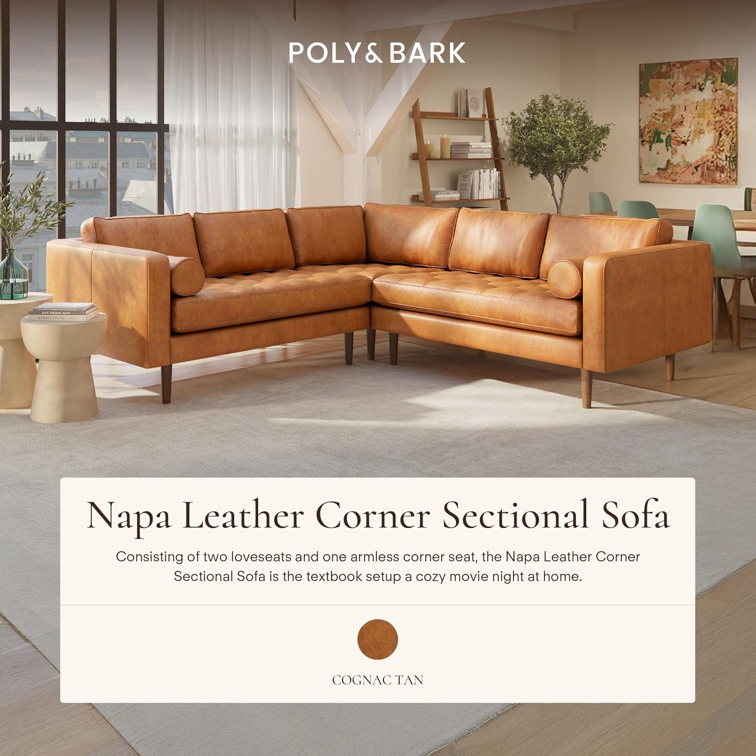 Poly & BARK 55" Tufted Leather Bed Bench for Bedroom End of Bed - Living Room Entry Way Bench - Pure Italian Leather Upholstery with a Solid Wood Frame - Ottoman Bench with Wooden Legs - Cognac Tan