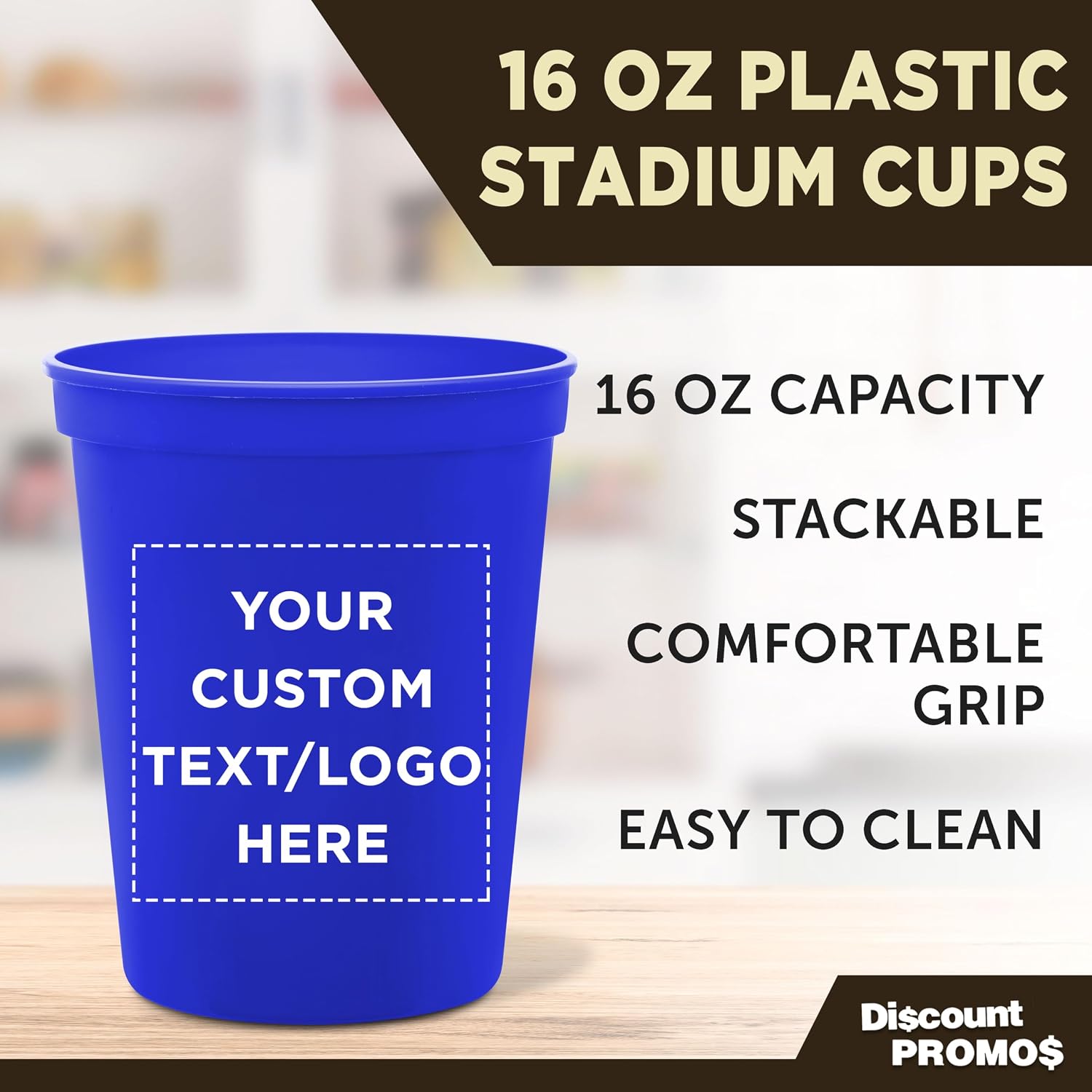 DISCOUNT PROMOS Custom Plastic Stadium Cups 16 oz. Set of 10/50/100, Personalized Bulk Pack - Perfect for Birthdays, Weddings, Picnic, Beach