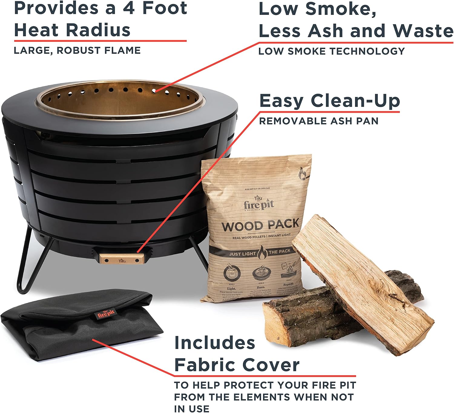 TIKI Patio Smokeless Fire Pit, 25 in Wood Burning Fire Pit with Cover