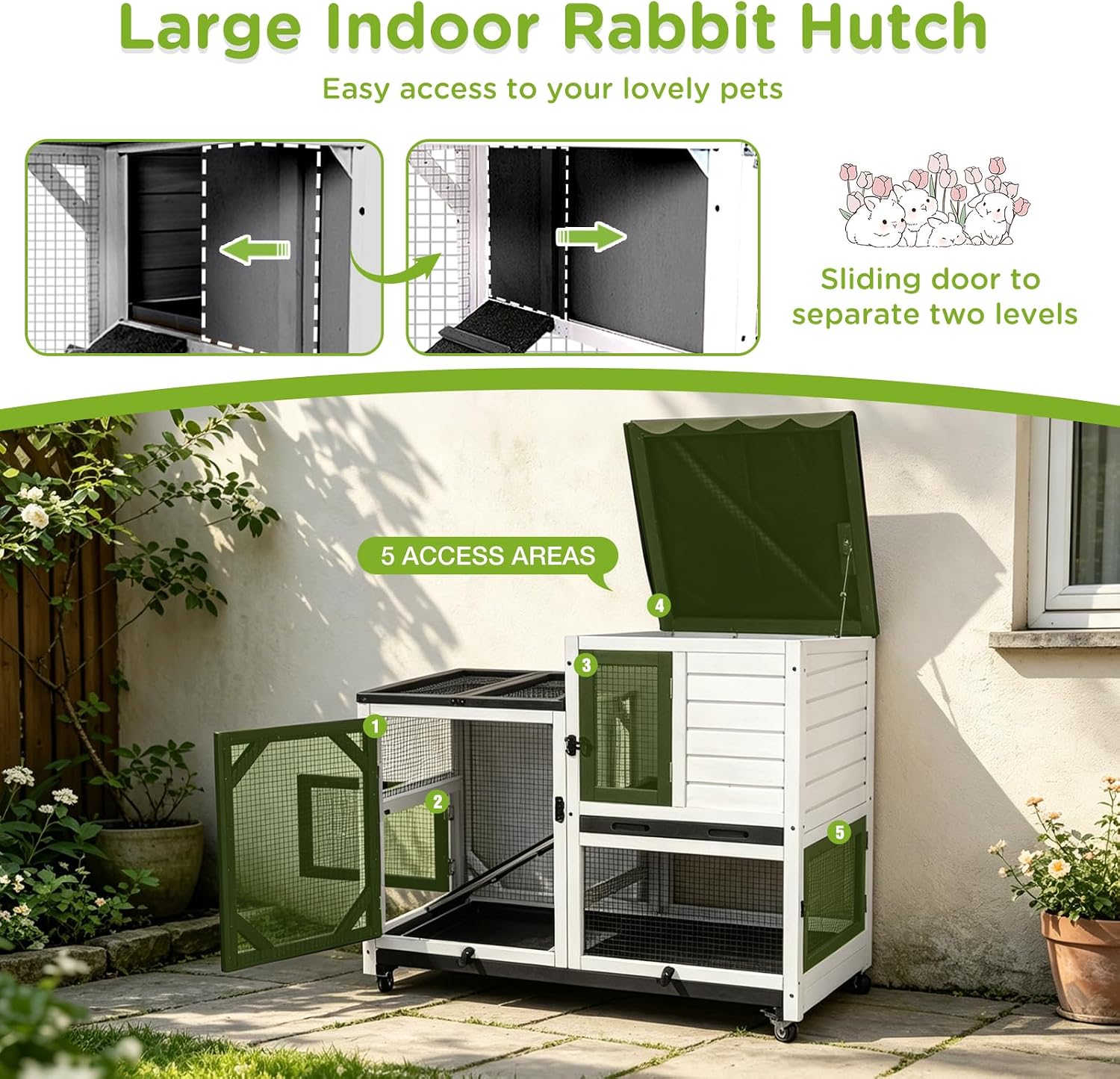Indoor Rabbit Bunny Hutch Outdoor, Guinea Pig Cages with Removable Bottom Wire Netting - Easy Clean