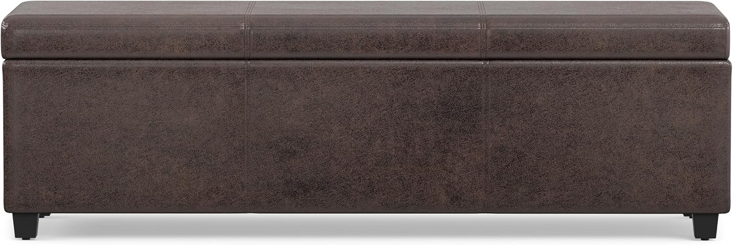 SIMPLIHOME Avalon 54" Wide Vegan Leather Storage Ottoman in Tanners Brown