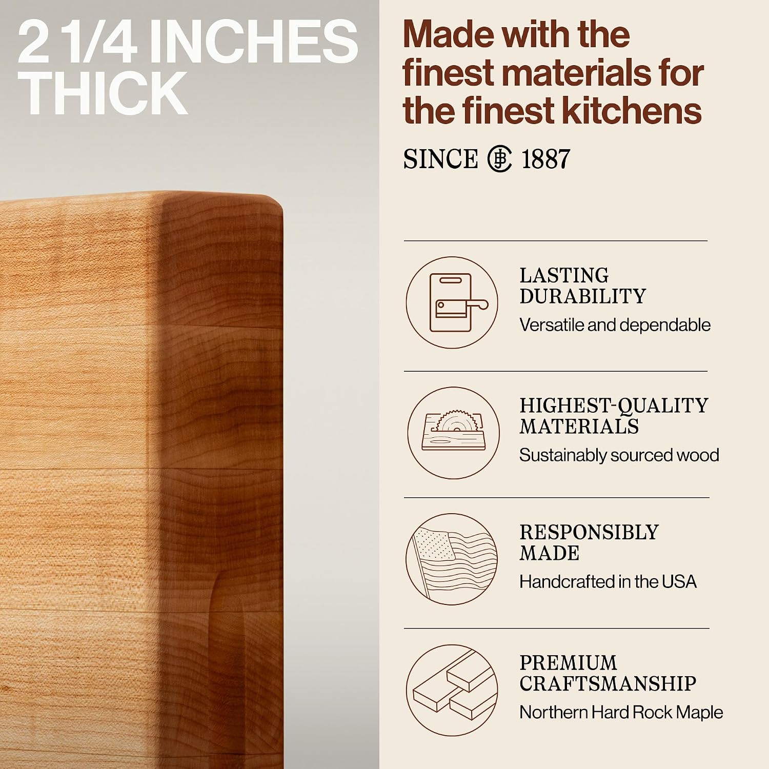 John Boos Handle Boards Series Rectangular Wooden Maple Cutting Board 24”x18” – 2.25” Thick, 30-lb Reversible Butcher Block with Juice Groove, Edge-Grain & Metal Handles