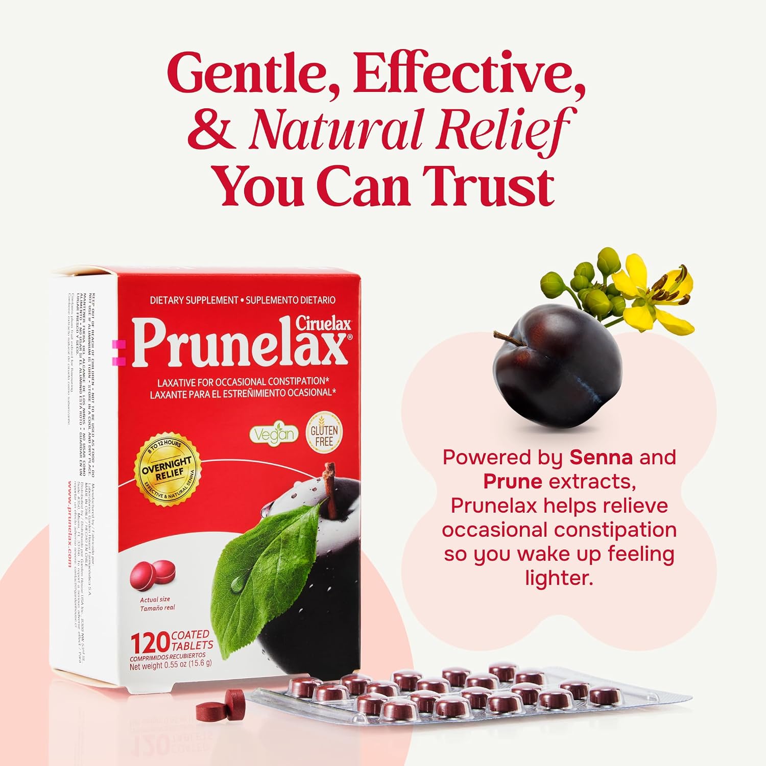 Prunelax Ciruelax Regular Strength Laxative Mini Tablets - Overnight Relief for Occasional Constipation, Senna Extract, Vegan & Gluten-Free