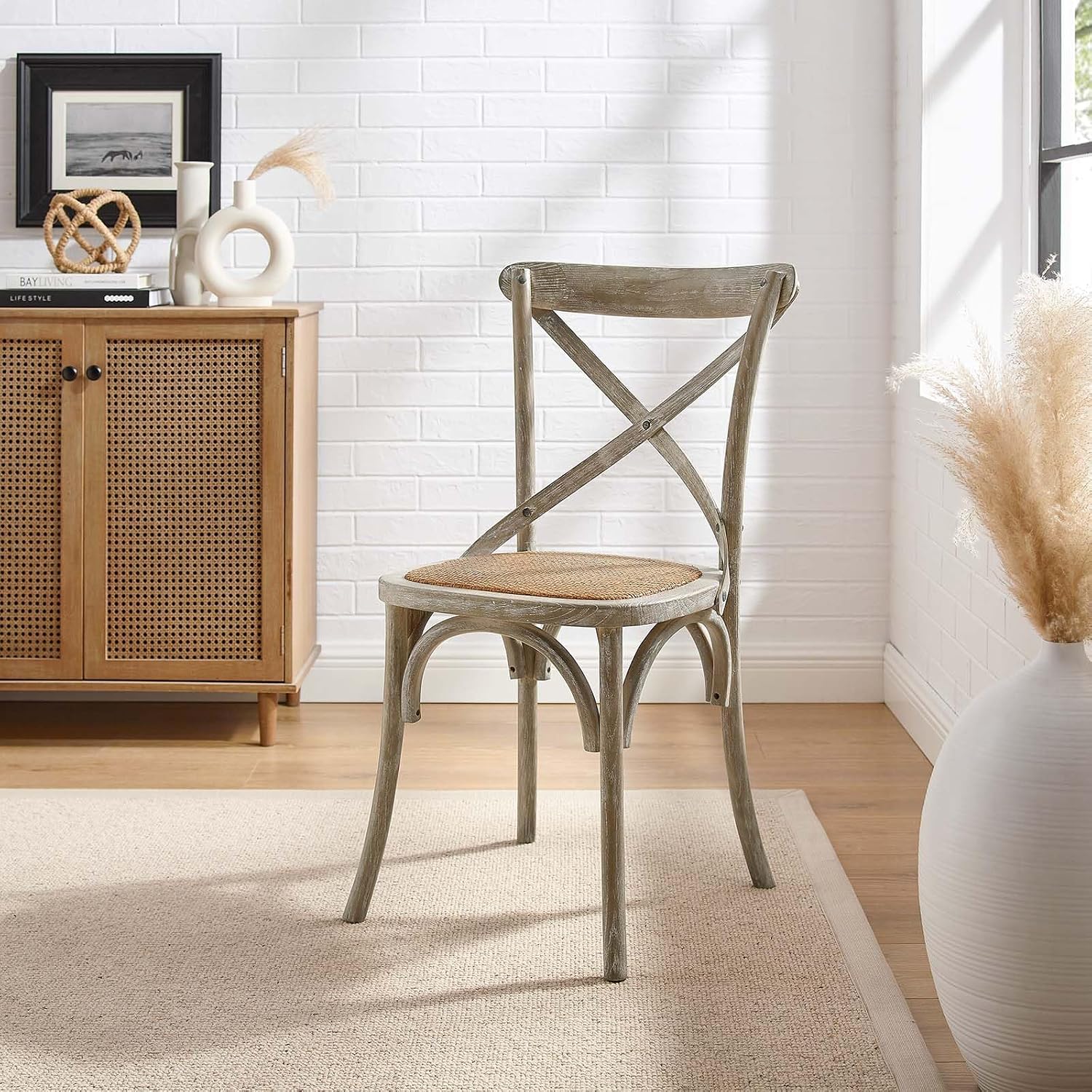 Modway Gear Rustic Modern Farmhouse Elm Wood Rattan Dining Chair in Gray
