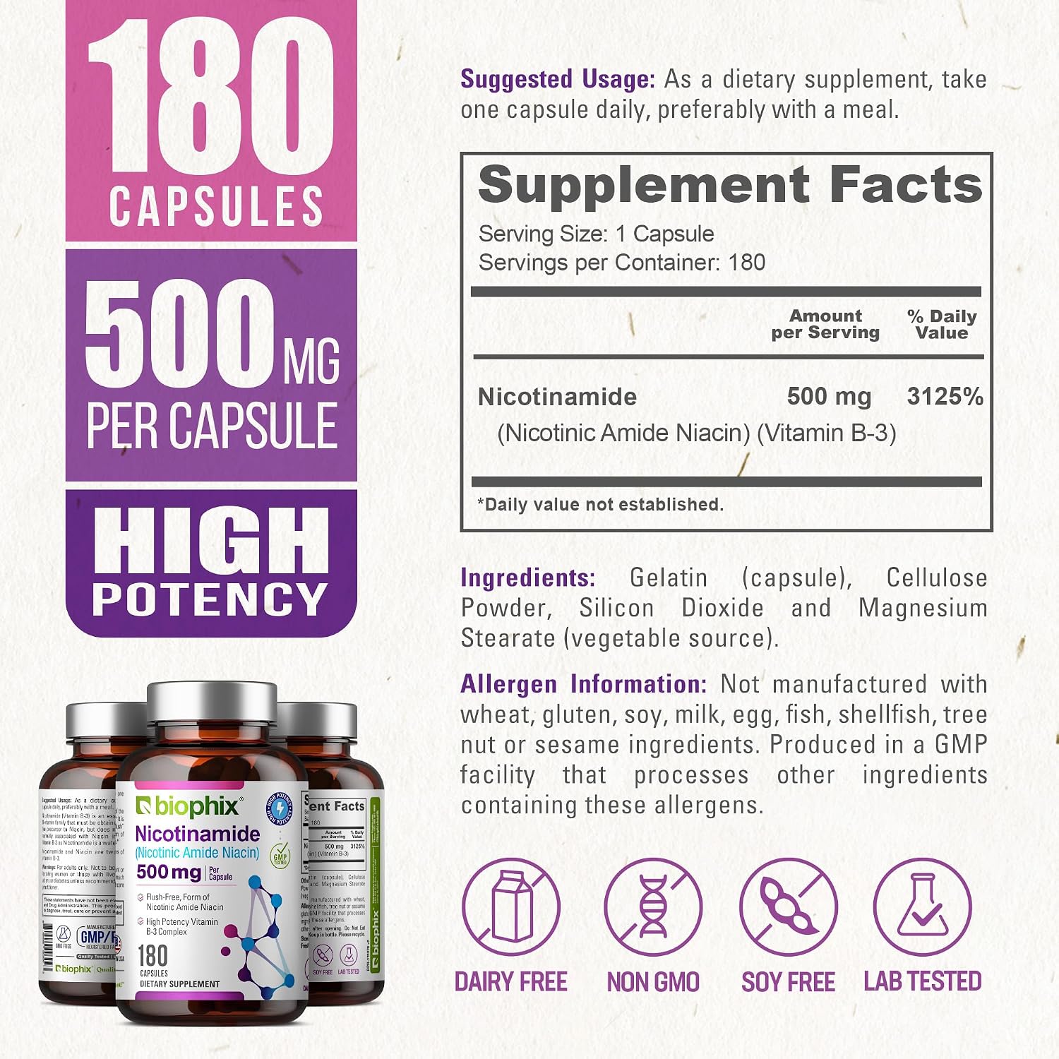 biophix B-3 Nicotinamide 500 mg 180 Caps - Nicotinic Amide Niacin Natural Flush-Free Vitamin Formula - Supports Skin Cell Health