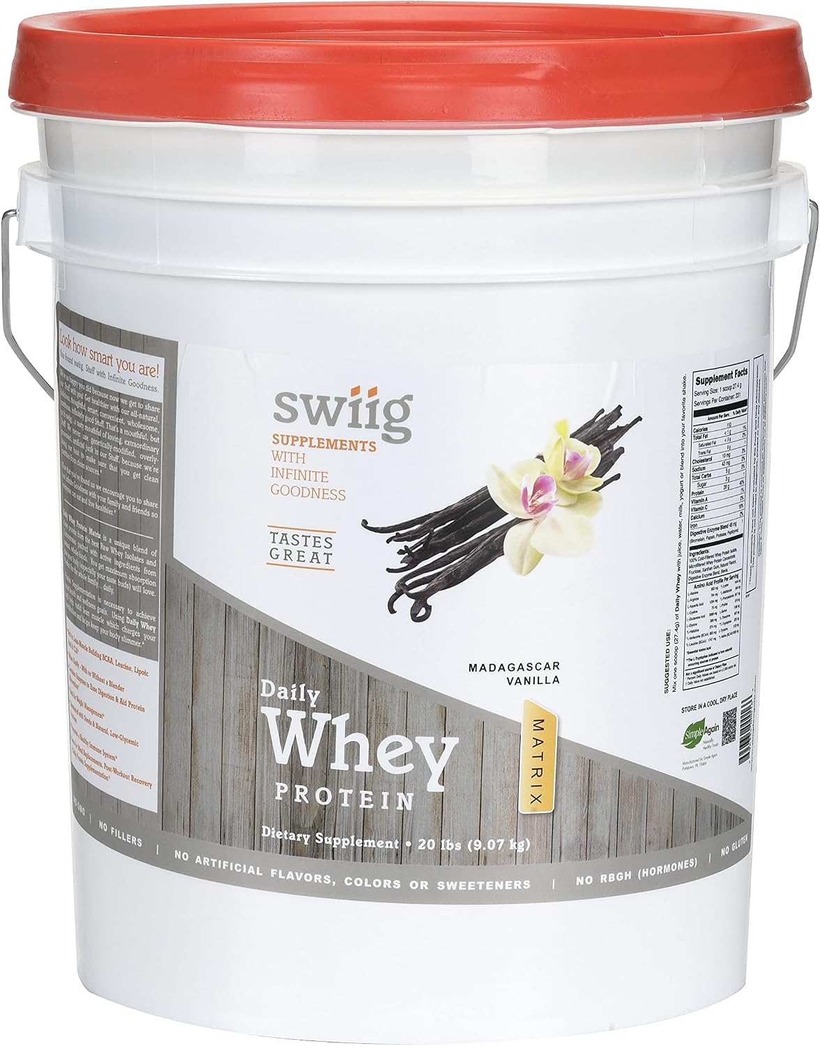 swiig Madagascar Vanilla Whey Protein Powder 20g Muscle Recovery 2.2 lb | Gluten-free, non-GMO daily nutrition supplement with digestive enzymes. Keto-friendly smoothie mix yields 35 servings.