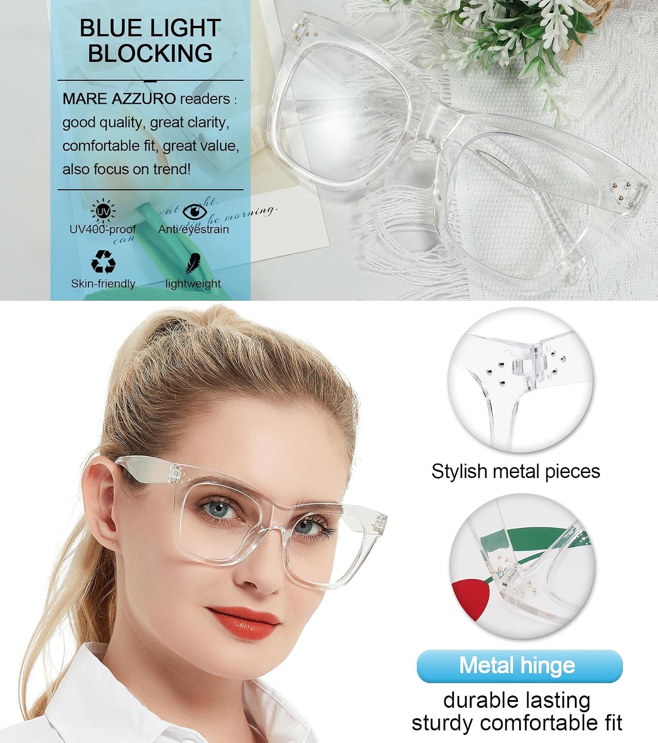 MARE AZZURO Oversized Reading Glasses Women Trendy Large Readers 0 1.0 1.25 1.5 1.75 2.0 2.25 2.5 2.75 3.0 3.5 4.0 5.0 6.0 (Black, 250)