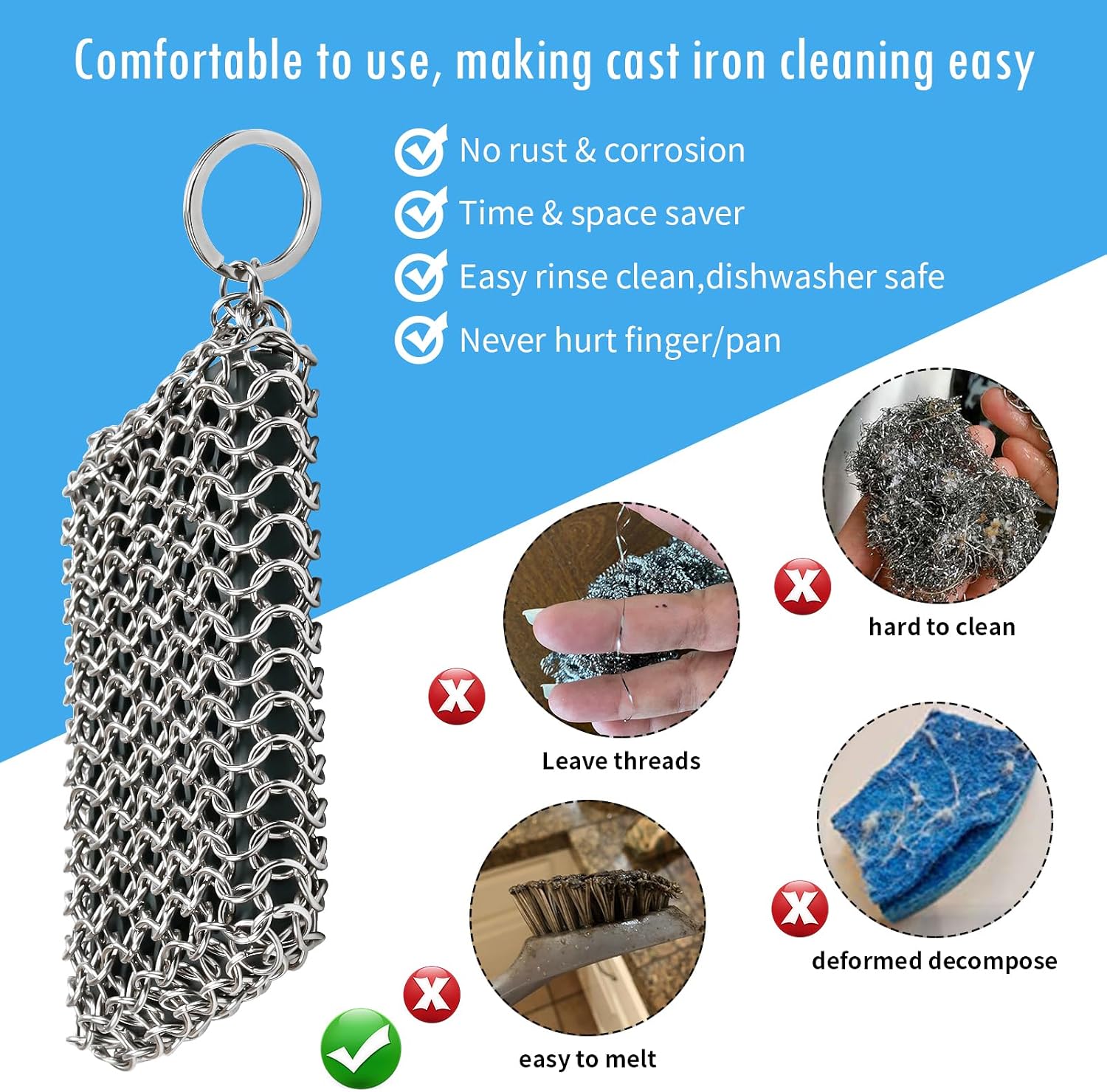 Herda 316L Cast Iron Scrubber Cleaner, Large Cast Iron Chain Mail Scrubber
