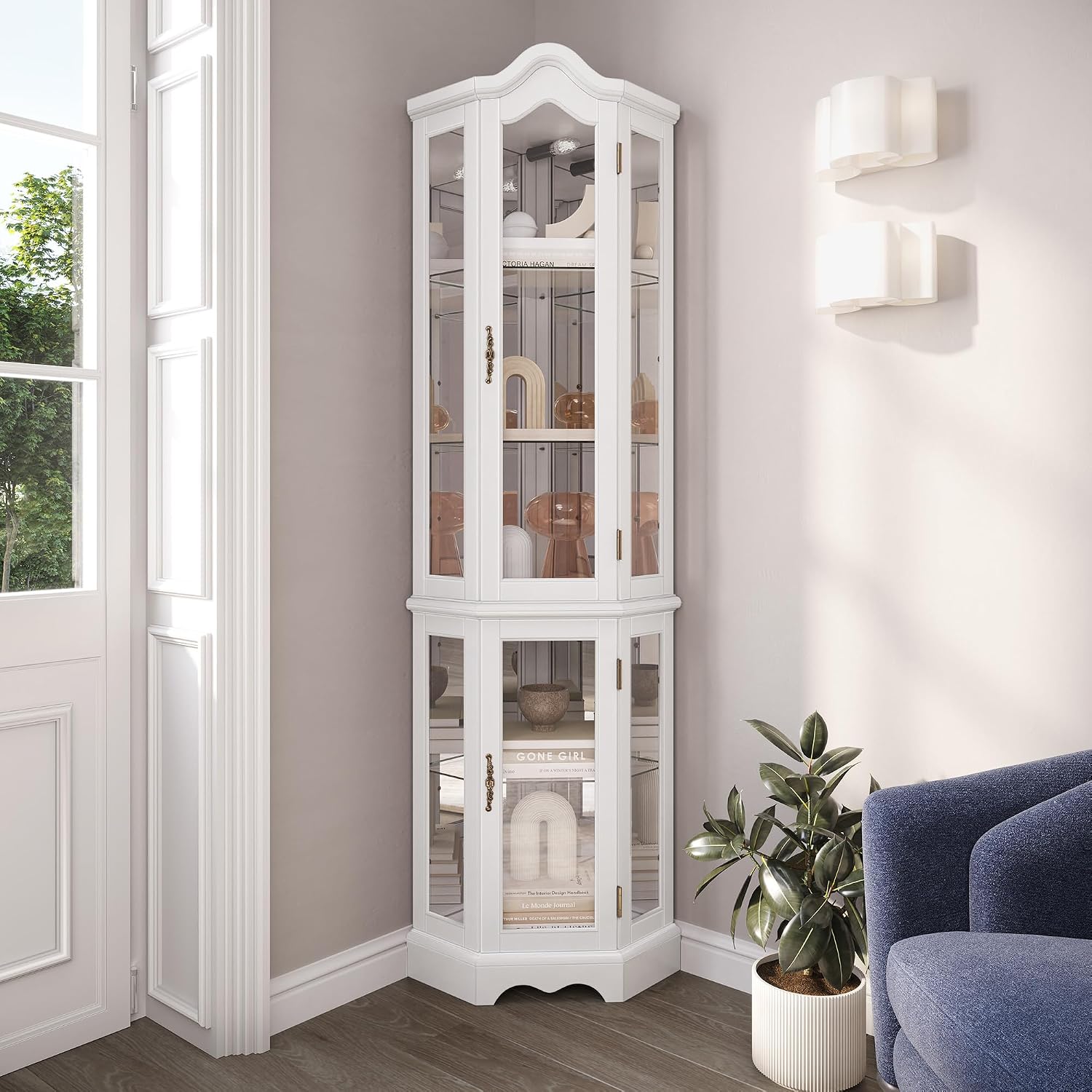 BELLEZE Lighted Corner Display Curved Top Curio Cabinet Wooden Shelving Unit with Tempered Glass Door