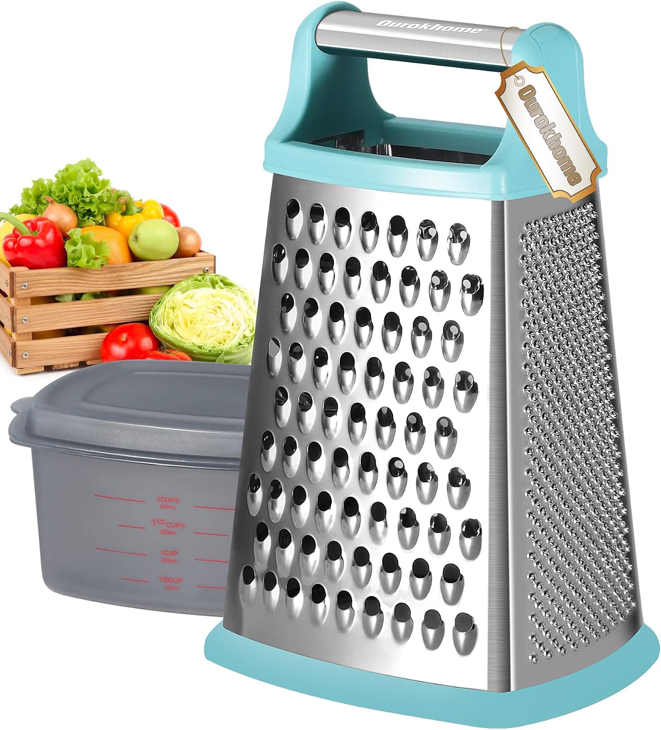 Ourokhome Cheese Grater with Handle, Stainless Steel Box Grater, 4 Side Kitchen Vegetable Shredder Slicer Zester with Container for Parmesan, Cabbage