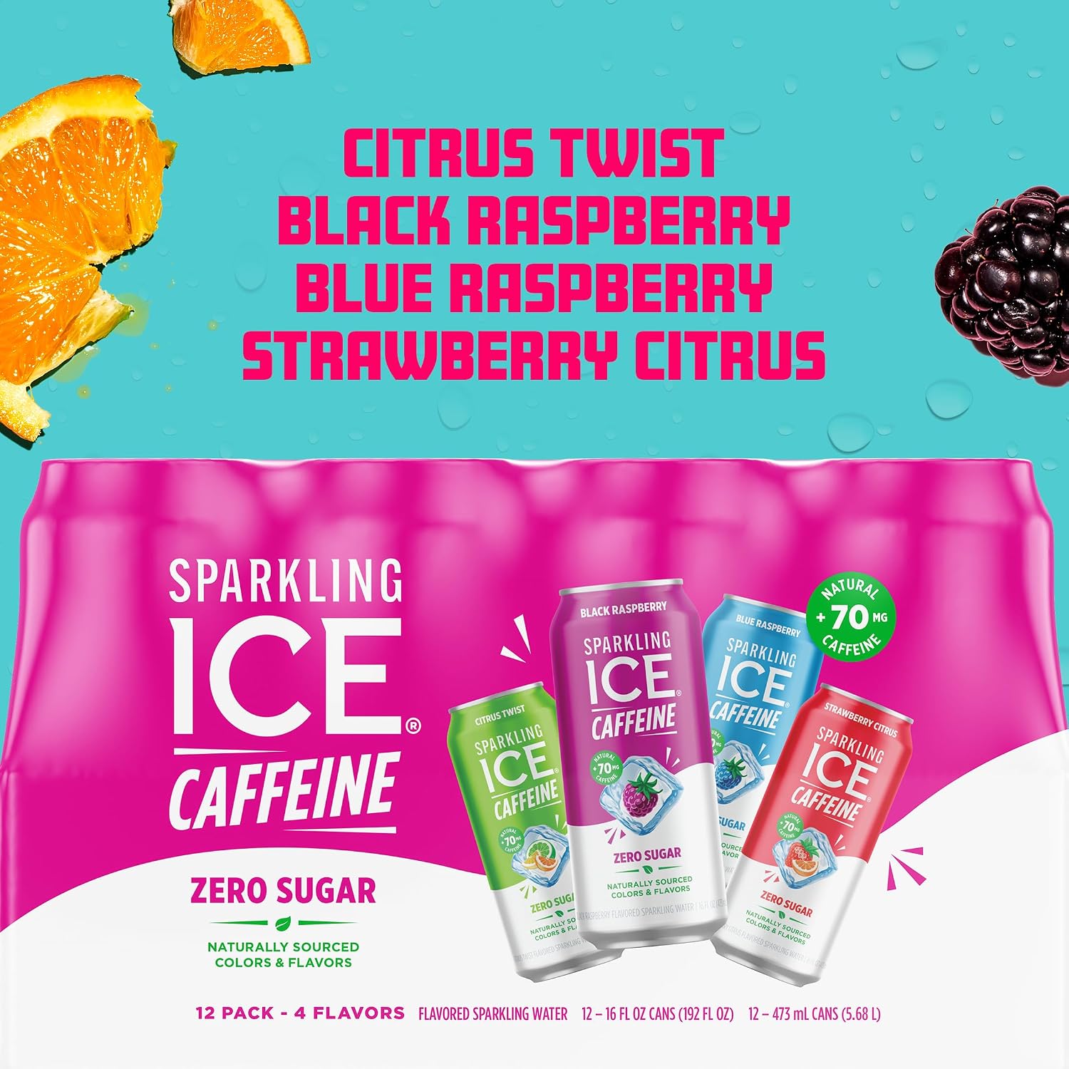 Sparkling Ice Caffeine Black Raspberry Sparkling Water with Caffeine, Zero Sugar, with Antioxidants and Vitamins,16 fl oz Cans (Pack Of 12)