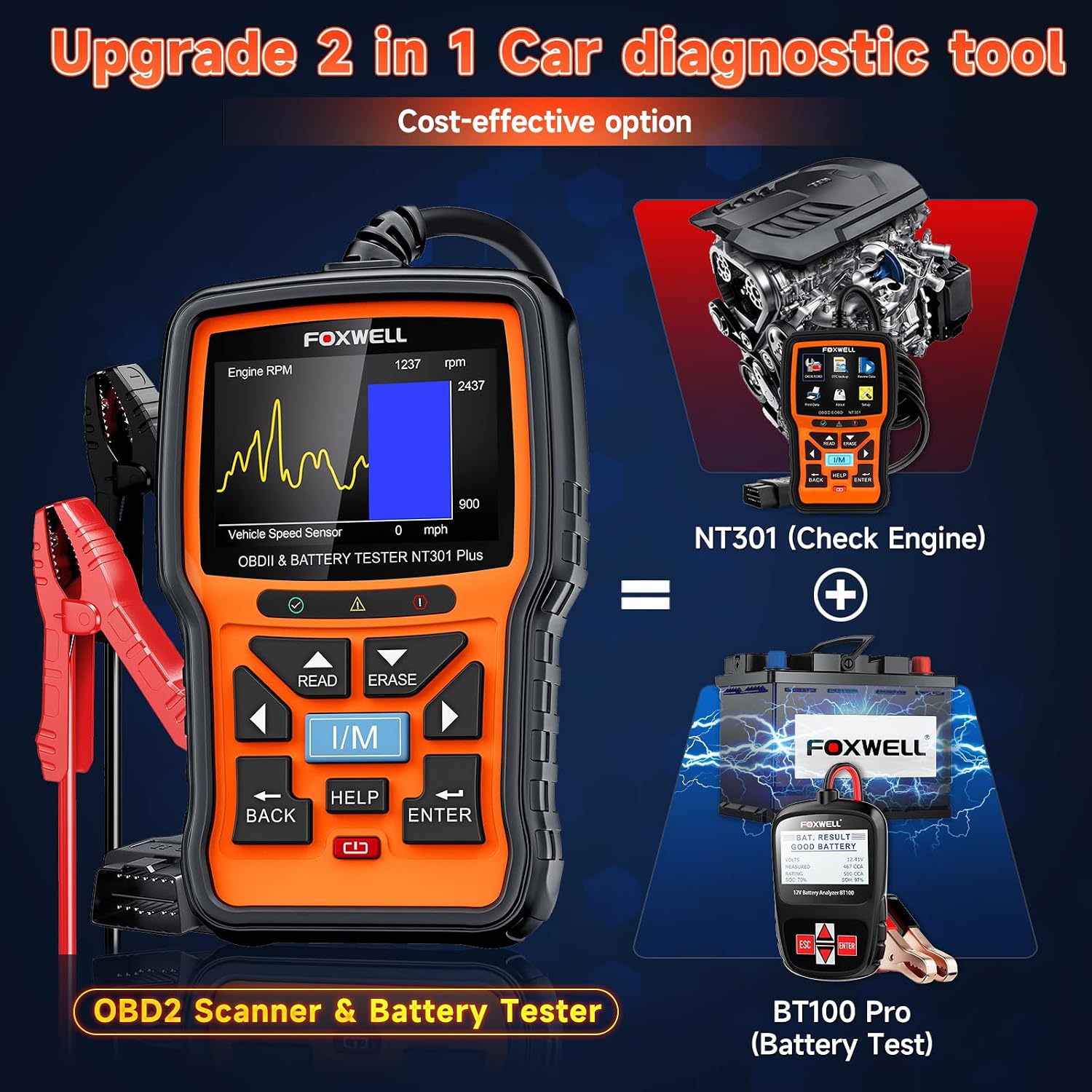 FOXWELL NT301 Plus 2 IN1 OBD2 Scanner Battery Tester with Storage Case Code Reader Scan Tool