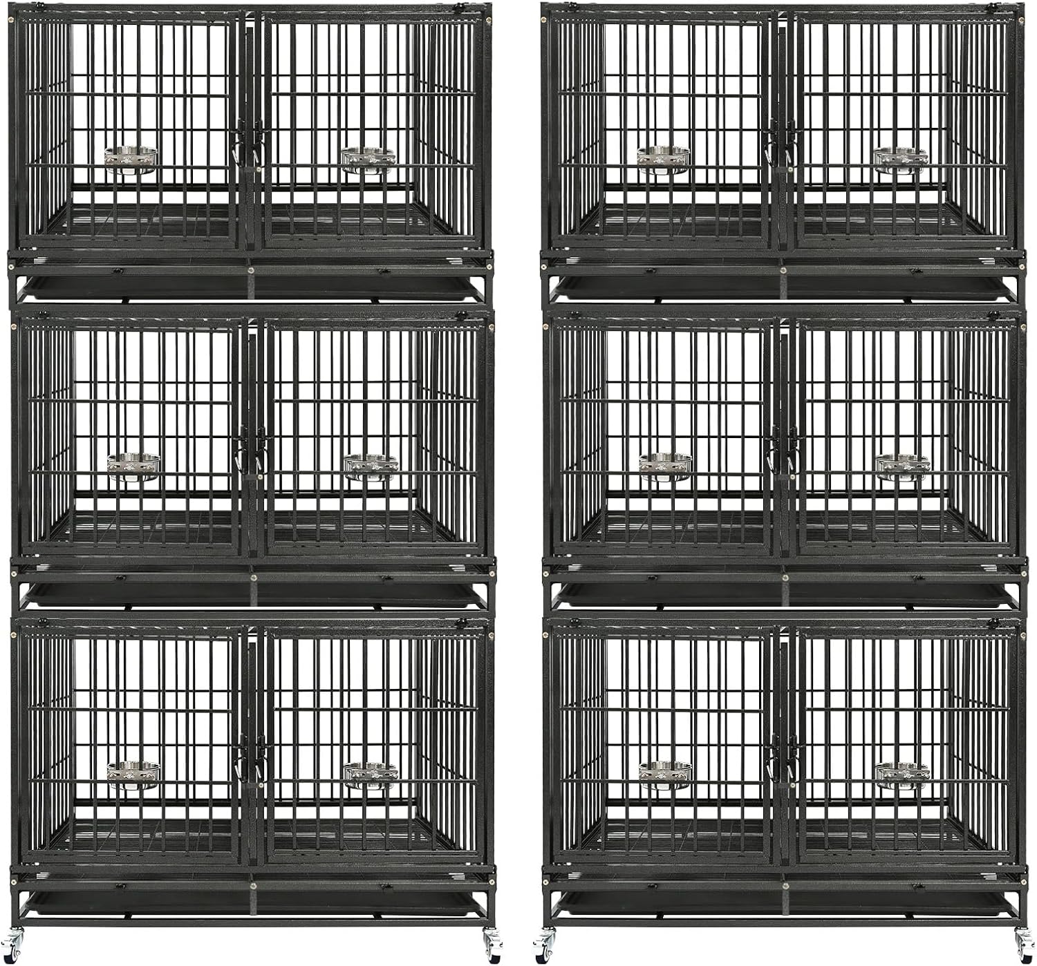 Homey Pet Three Tiers 43 inch Heavy Duty Dog Crate with Wheels, Dual Doors | Stackable Indestructible Steel Dog Cage Kennel Indoor with Divider, Trays, Bowls, Escape Proof Locks for Breeders and More