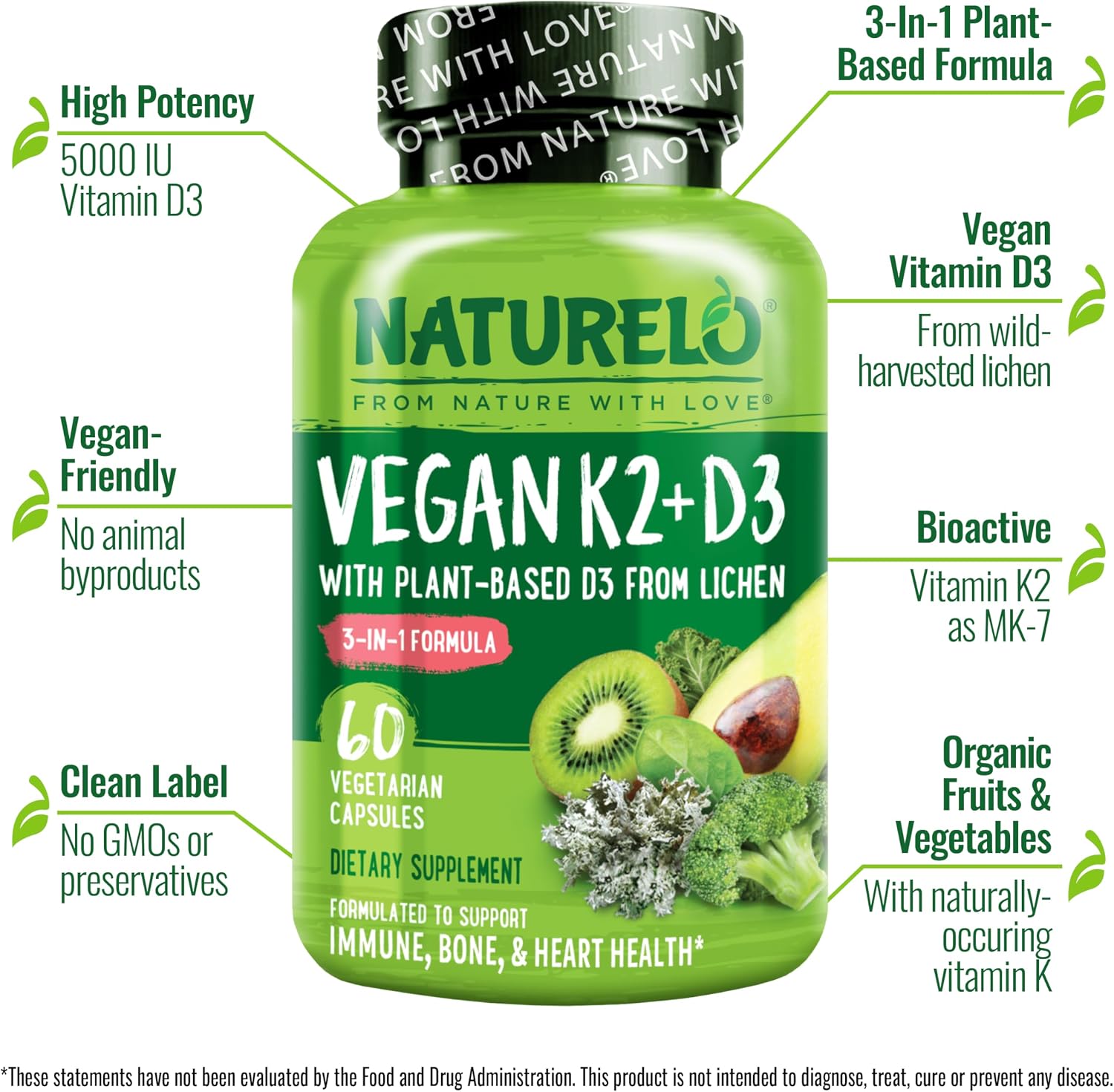 NATURELO Vitamin D3 K2, Vegan K2+D3 Supplement, 60 Capsules