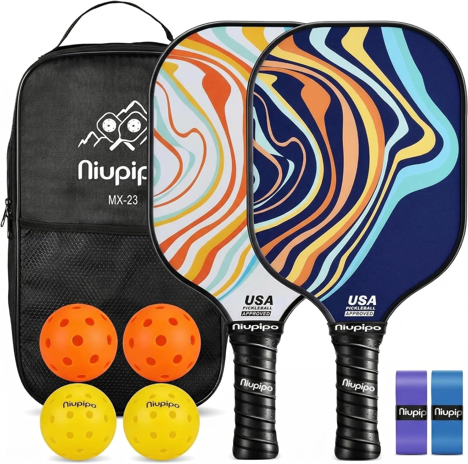 niupipo Pickleball Paddles Set of 2 or 4, USAPA Approved Fiberglass Pickleball Paddle Set with Balls and Bag, Polypropylene Honeycomb Core
