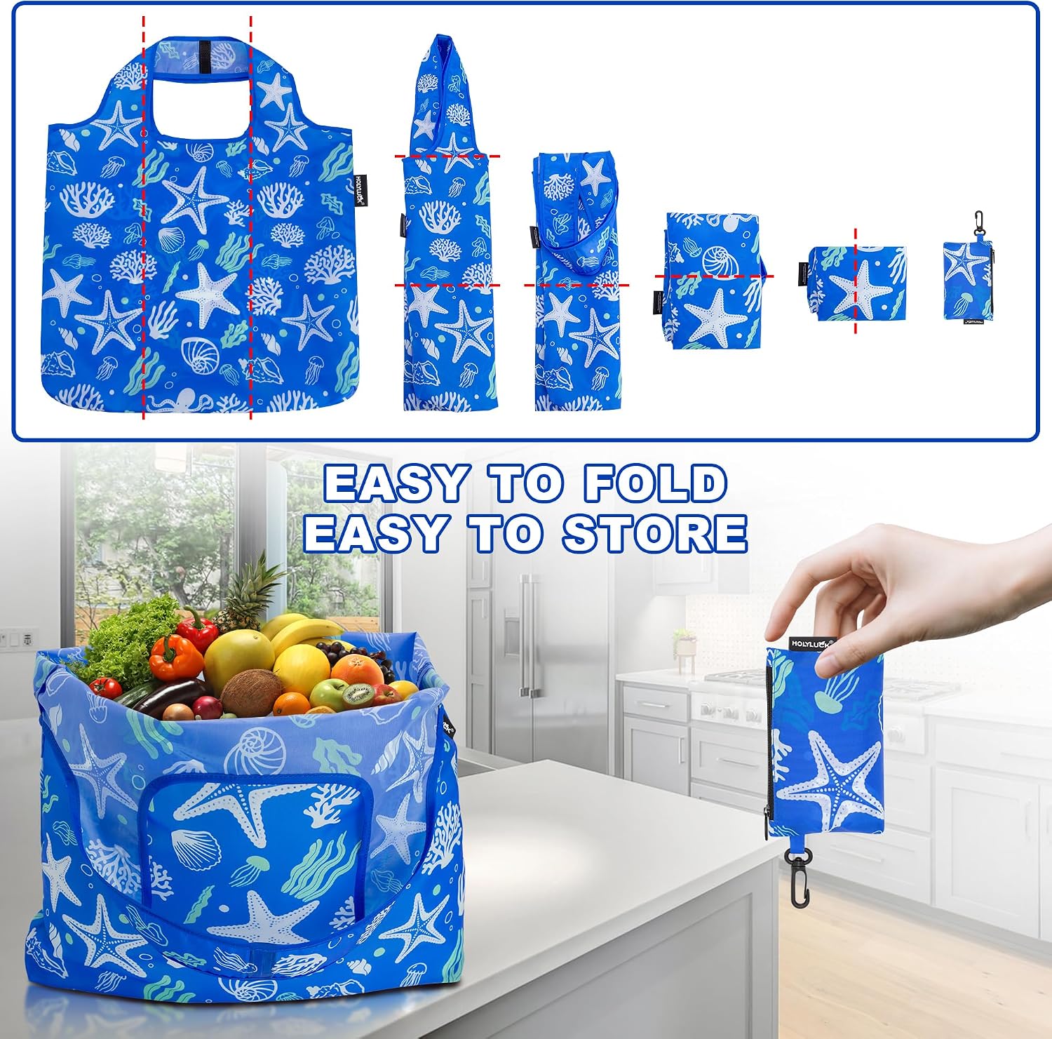 HOLYLUCK Reusable Grocery Bags,Heavy Duty Foldable Shopping Tote Bag (Standard, 3 Blue Geometric Flowers)