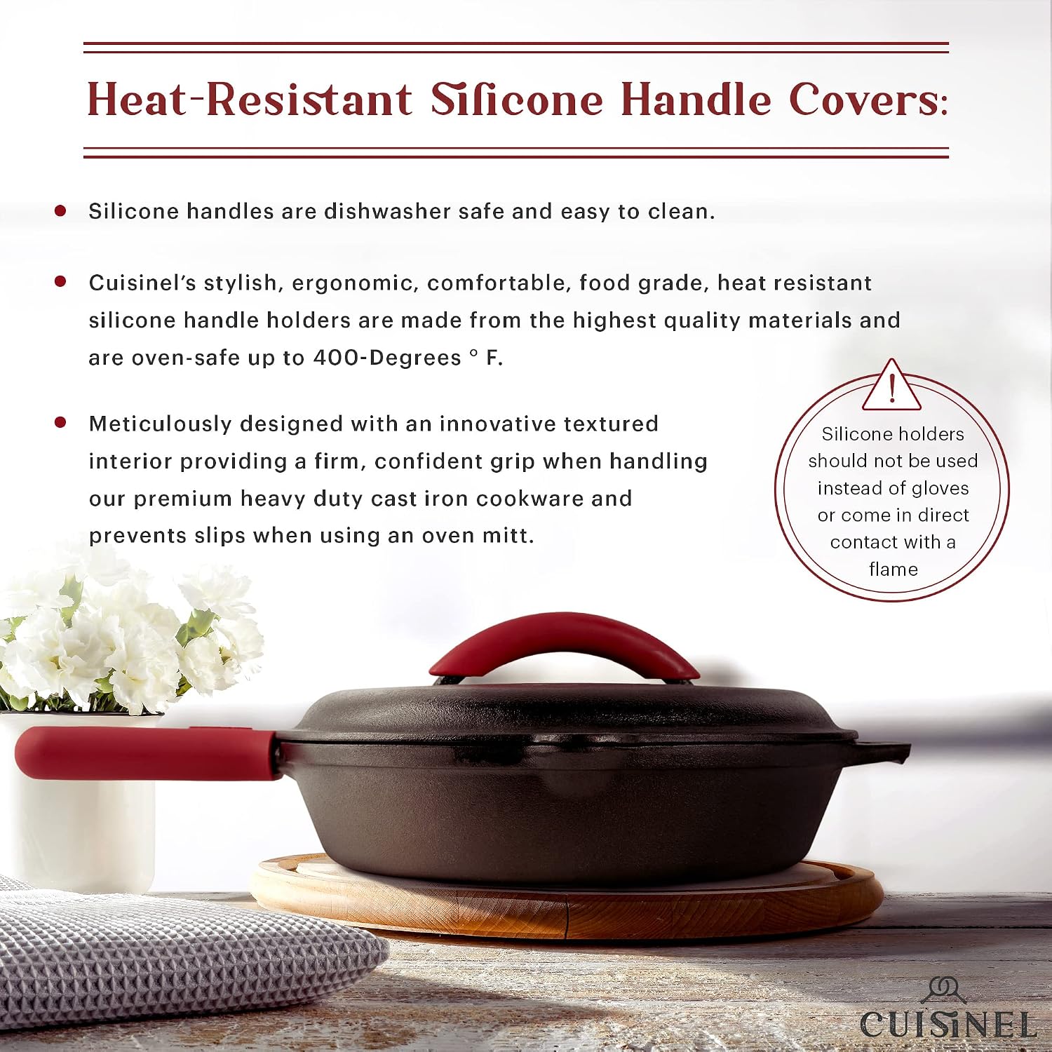 Cast Iron Skillet - 10"-Inch Frying Pan with Pour Spouts + Pan Scraper + Silicone Grip Handle Cover Holder - Pre-Seasoned Oven Cookware - Indoor/Outdoor Use - Stovetop, Induction. PFAS and PFOA-free