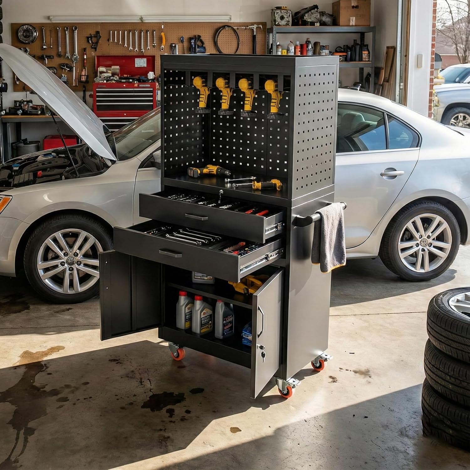 Mobile Tool Cart, Tool Chest with Locking Wheels, Charging Station | Large Storage - Heavy Duty Rolling Workbench for Garage, Workshop