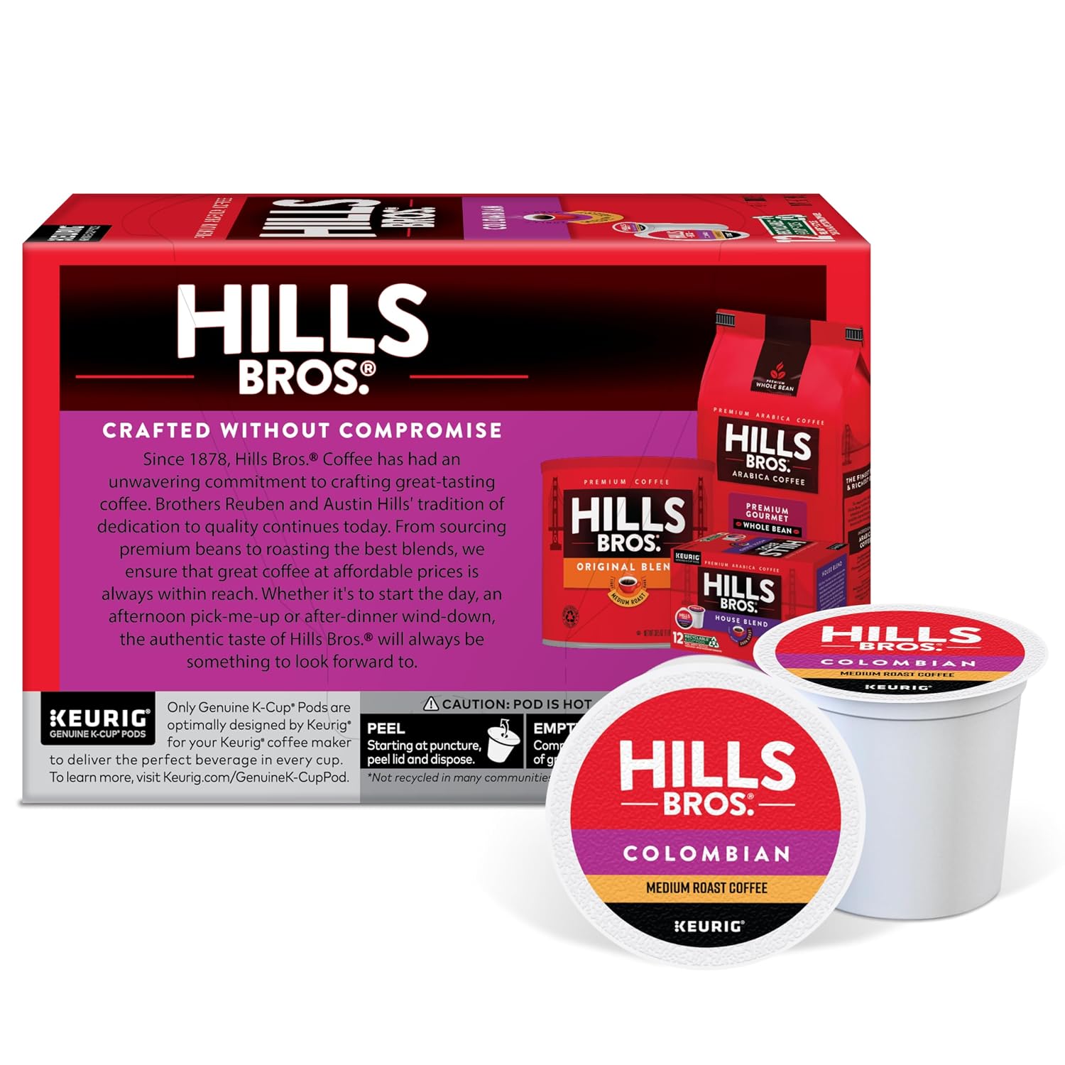 Hills Bros Single Serve Coffee Pods, 100% Colombian Ground Coffee, Medium Roast, 12 Count – Keurig Compatible, Roasted 100% Arabica Beans, Smooth Balanced Flavor