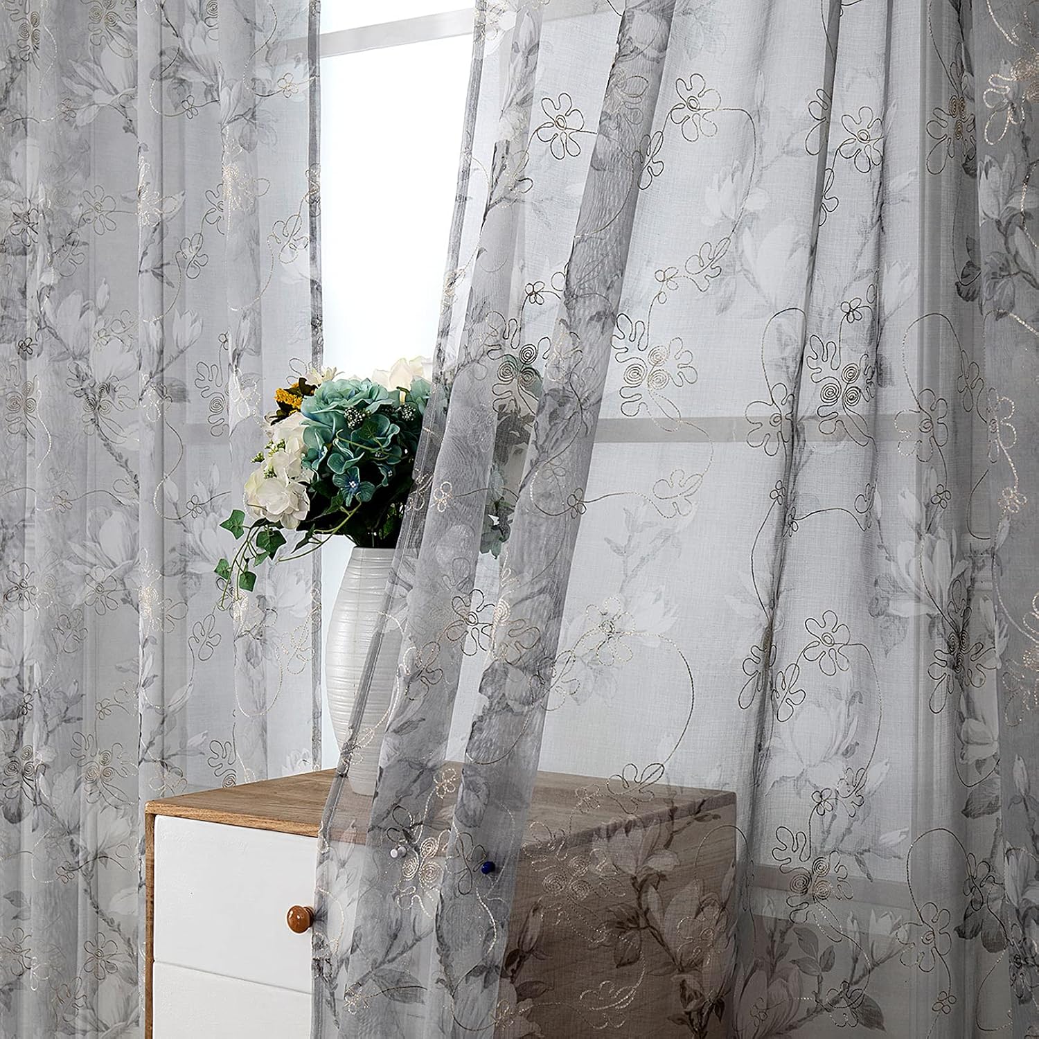 Tollpiz Floral Grey Sheer Curtain Flower Print Vine Embroidery Bedroom Curtains Rod Pocket Voile Window Curtain for Living Room, 54 x 84 inches Long