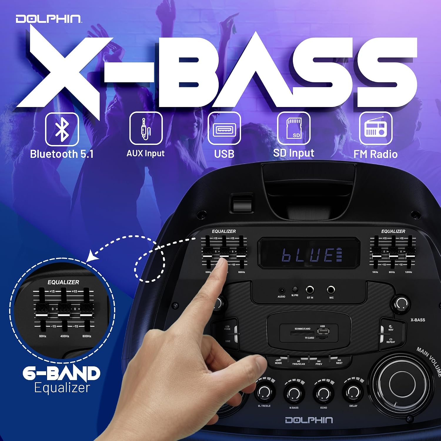 Dolphin Bluetooth Party Speaker with UHF Wireless Microphone, Dual 15" | 100W RMS, X-BASS, WaveSync TWS, LED Lights, USB, TF/SD, AUX, FM
