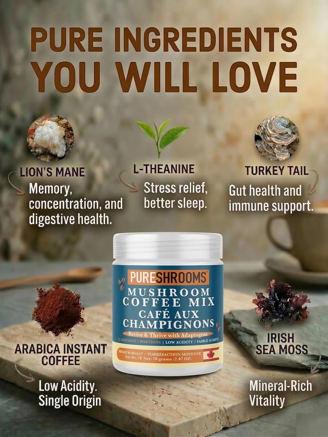 PureShrooms Mind & Body Mushroom Coffee - Instant Colombian Arabica with Organic Lion’s Mane, Reishi & Cordyceps - Low Acidity Nootropic Superfood Beverage for Focus & Vitality, 35 Servings/70g