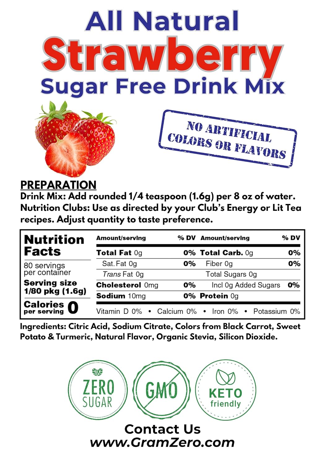 GramZero Raspberry Blush, Sugar Free Drink Mix, Pitcher Pack, Great For Nutrition Club Loaded Tea, Zero Calorie, Stevia Sweetened