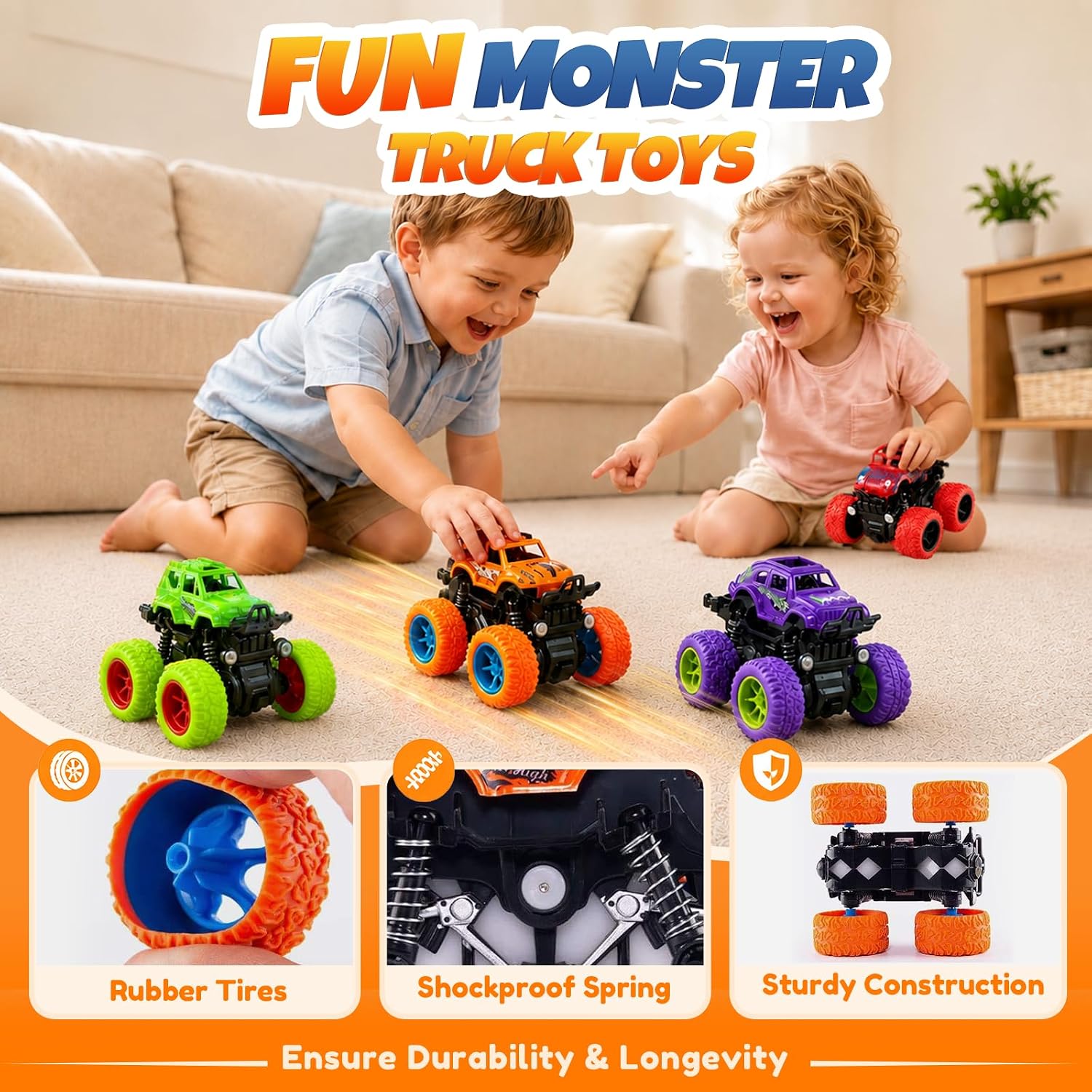 4 Pack Monster Trucks Toys for Boys 2 3 4 5 6 7 Year Old, Friction Powered Pull Back Car Toys for Toddlers Kids Ages 3-5 2-4 4-7