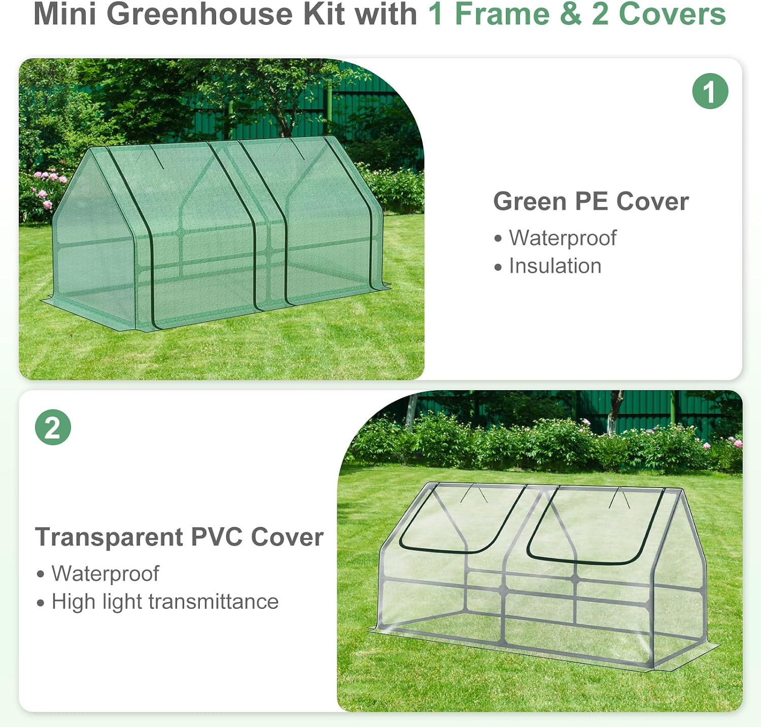 Aoodor 6 x 3 x 3 ft Mini Greenhouse with 2 Zipper Doors, Water-Resistant, UV-Protected for Flowers, Vegetables, and Herbs, Green
