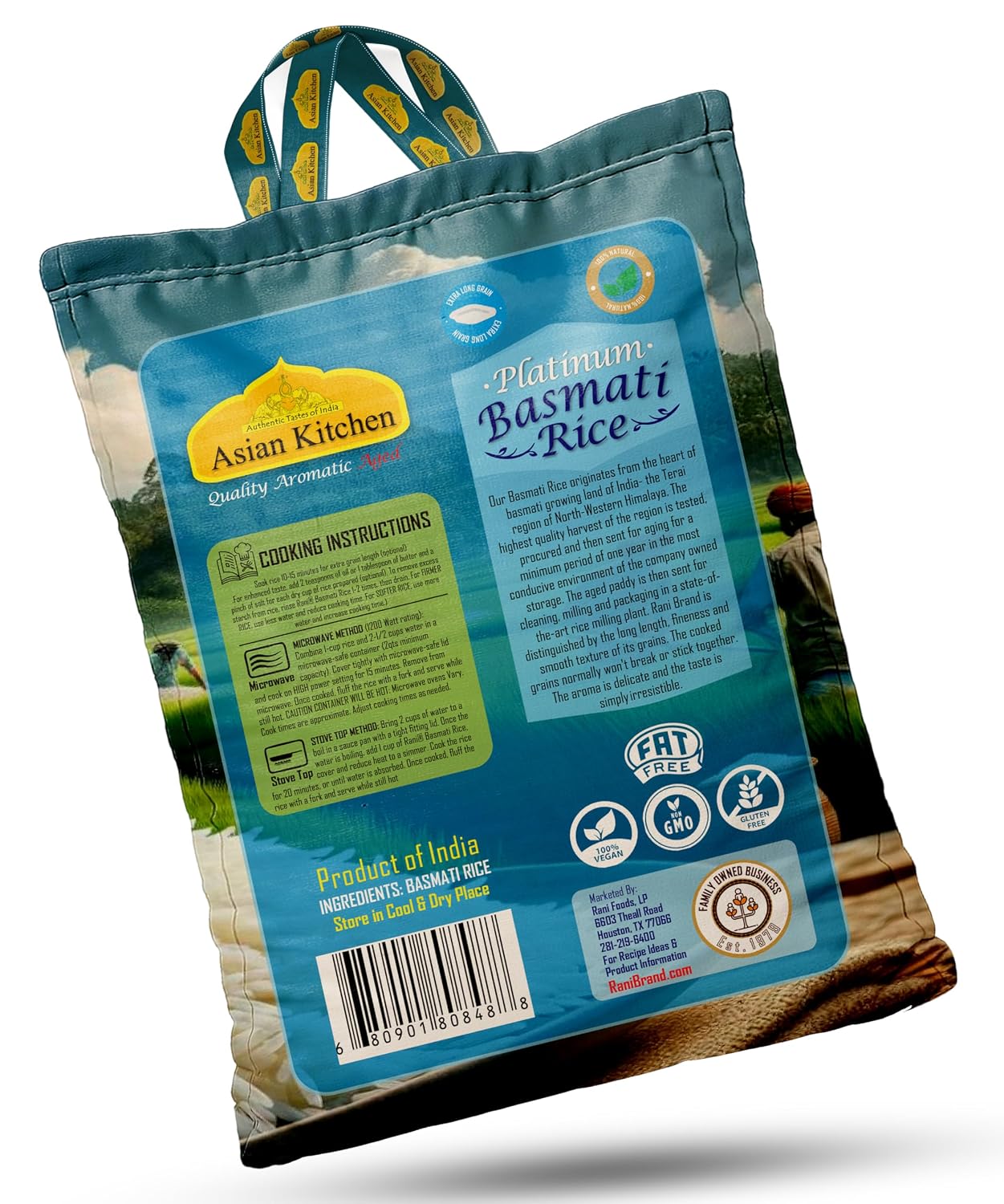 Asian Kitchen Platinum White Basmati Rice Extra Long Aged 20lbs (9.08kg) ~ All Natural | Gluten Friendly | Vegan | Indian Origin | Export Quality