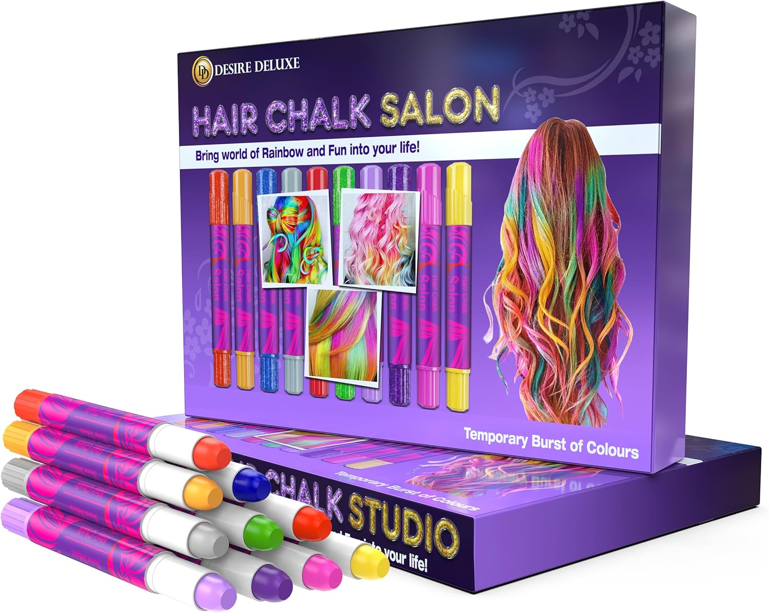 Desire Deluxe Girls Gifts Hair Chalk - 10 Temporary Washable Color Pens for Kids, Teenage, Make Up & Dress Up Colourful Styles Set Toy for Christmas