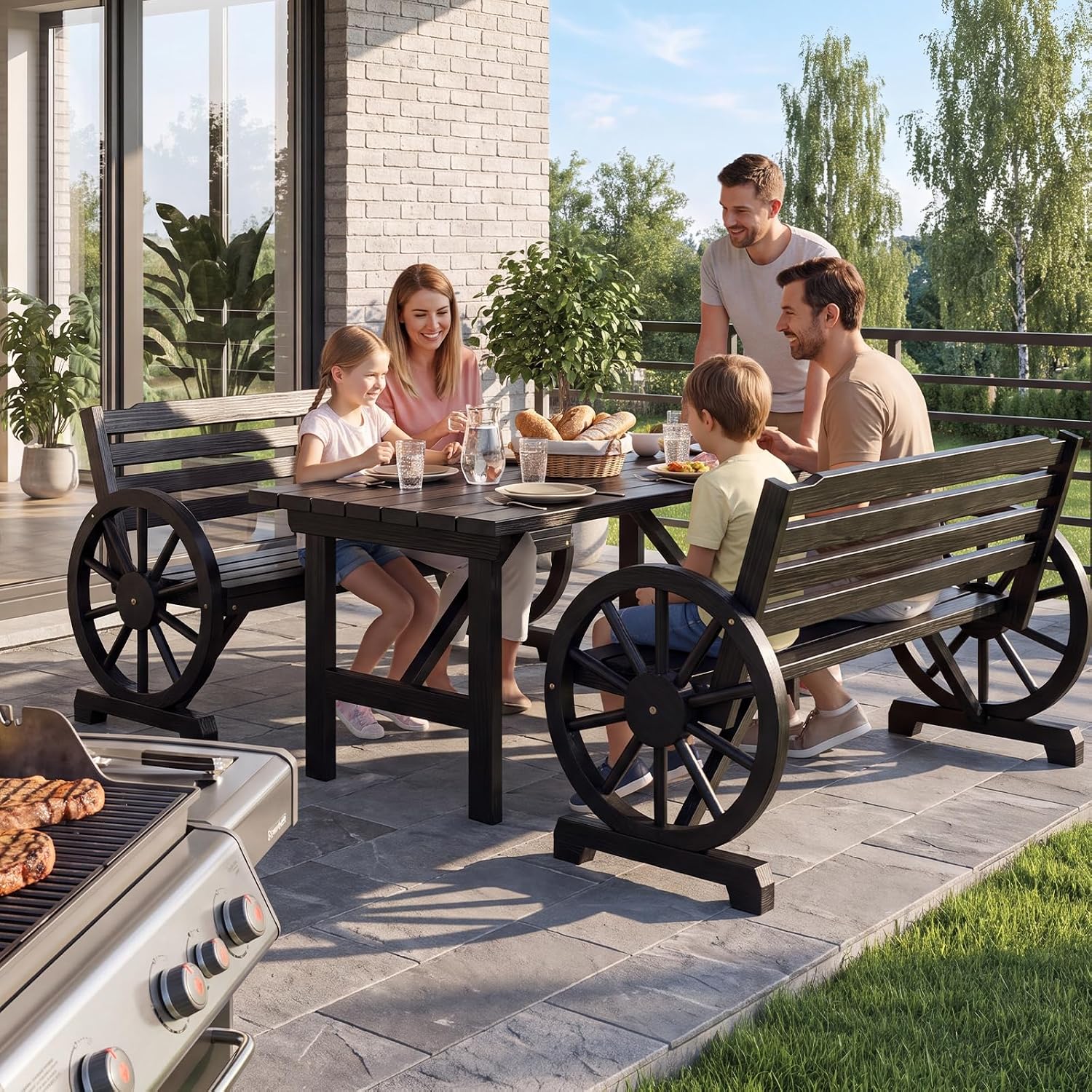 VINGLI Rustic Wooden Wheel Bench Outdoor Bench, Patio Bench Wagon Slatted Seat, Garden Benches for Outdoors 350lbs High Capacity