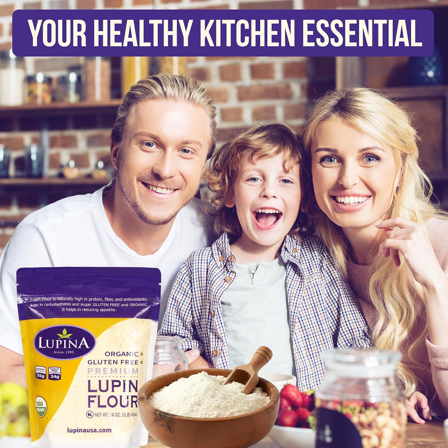 Lupina Organic Gluten-Free Lupin Flour – Pack 1–16 oz- High-Protein, High-Fiber, Low-Carb Plant-Based Flour – Non-GMO Vegan Superfood for Baking, Smoothies & Healthy Cooking