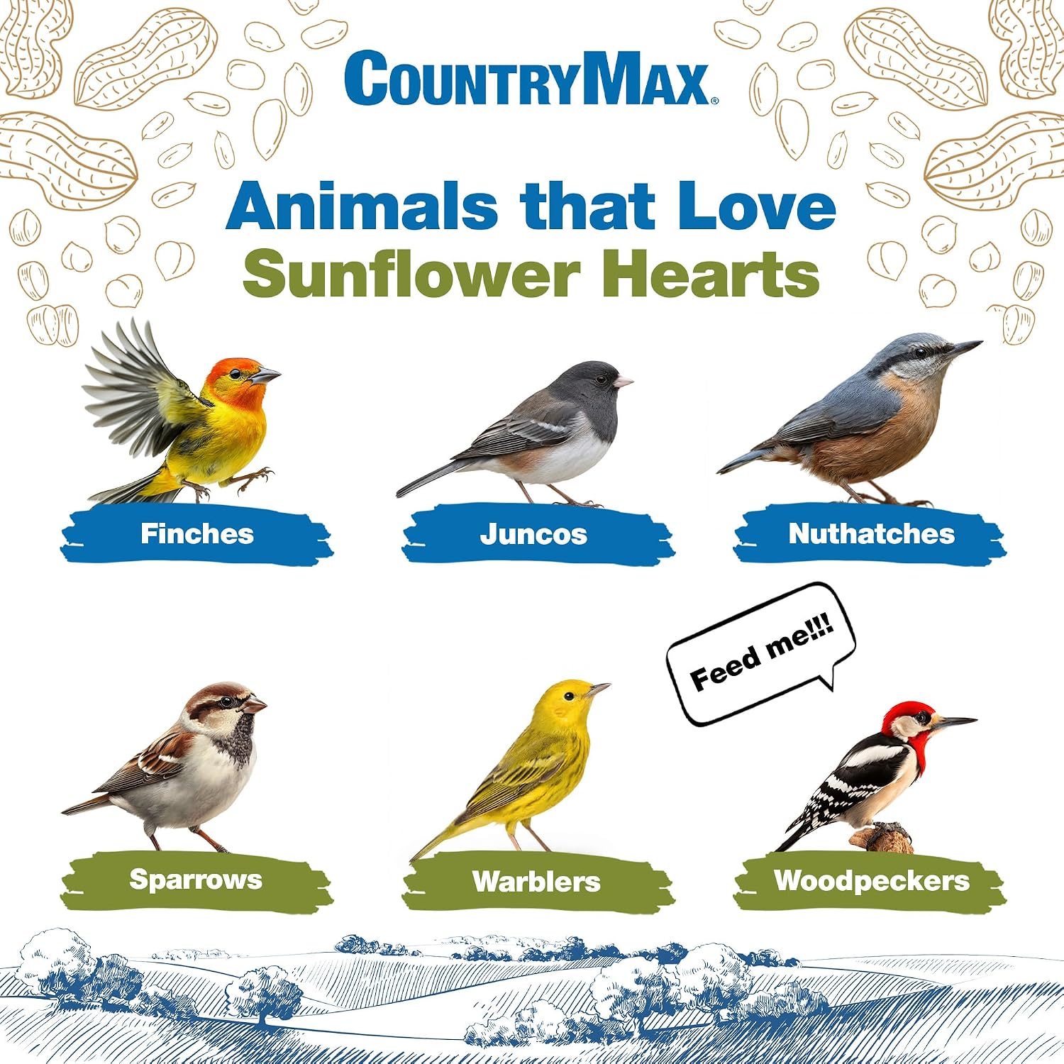 CountryMax Shelled Sunflower Chips 10 lb - No Waste Bird Seed for Outside Feeders, Resealable Bag of Wild Bird Feed | For Smaller Beaks, No Mess, No Waste. High Energy & USA Sourced. For Ground Feeding or Bird Feeders, For Year-Round Feeding