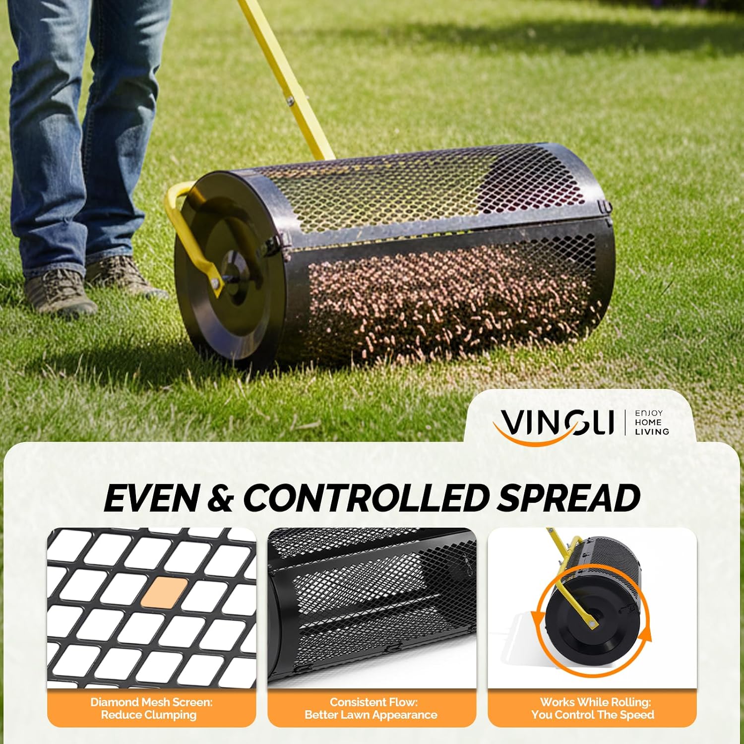 VINGLI Compost Spreader, 24 inch Peat Moss Spreader with Height Adjustable Handle, T Shaped Handle Peat Moss Roller, Seed Spreader for Lawn Backyard Outdoor (24"-Black & Yellow)