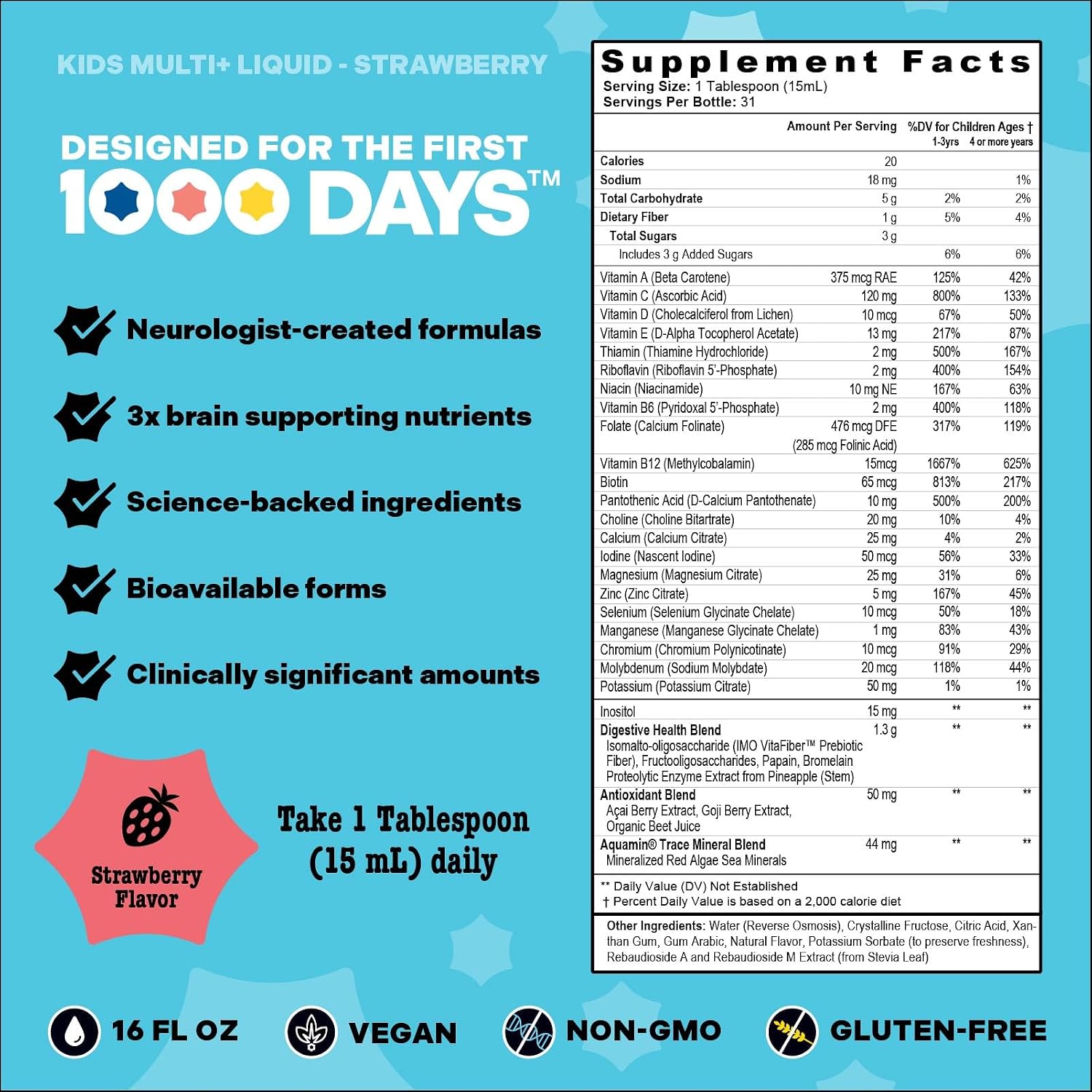 Mama Bird - Award-Winning Kids Multi+ Liquid Vitamins (31 Servings) Tropical - Active Methylated Vitamins, Kids Multivitamin - Organic Superfoods, Enzymes - Vegan, Gluten Free, Non GMO - 16 fl oz