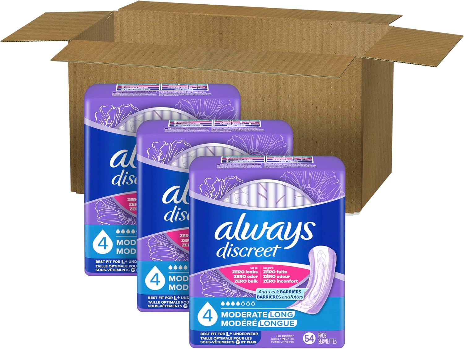 Always Discreet Adult Incontinence Pads for Women, Drier, 4 Drop Long Length, Moderate Absorbency, Pads for Bladder Control Management, Bladder Leaks, & Postpartum Pads, 54ct