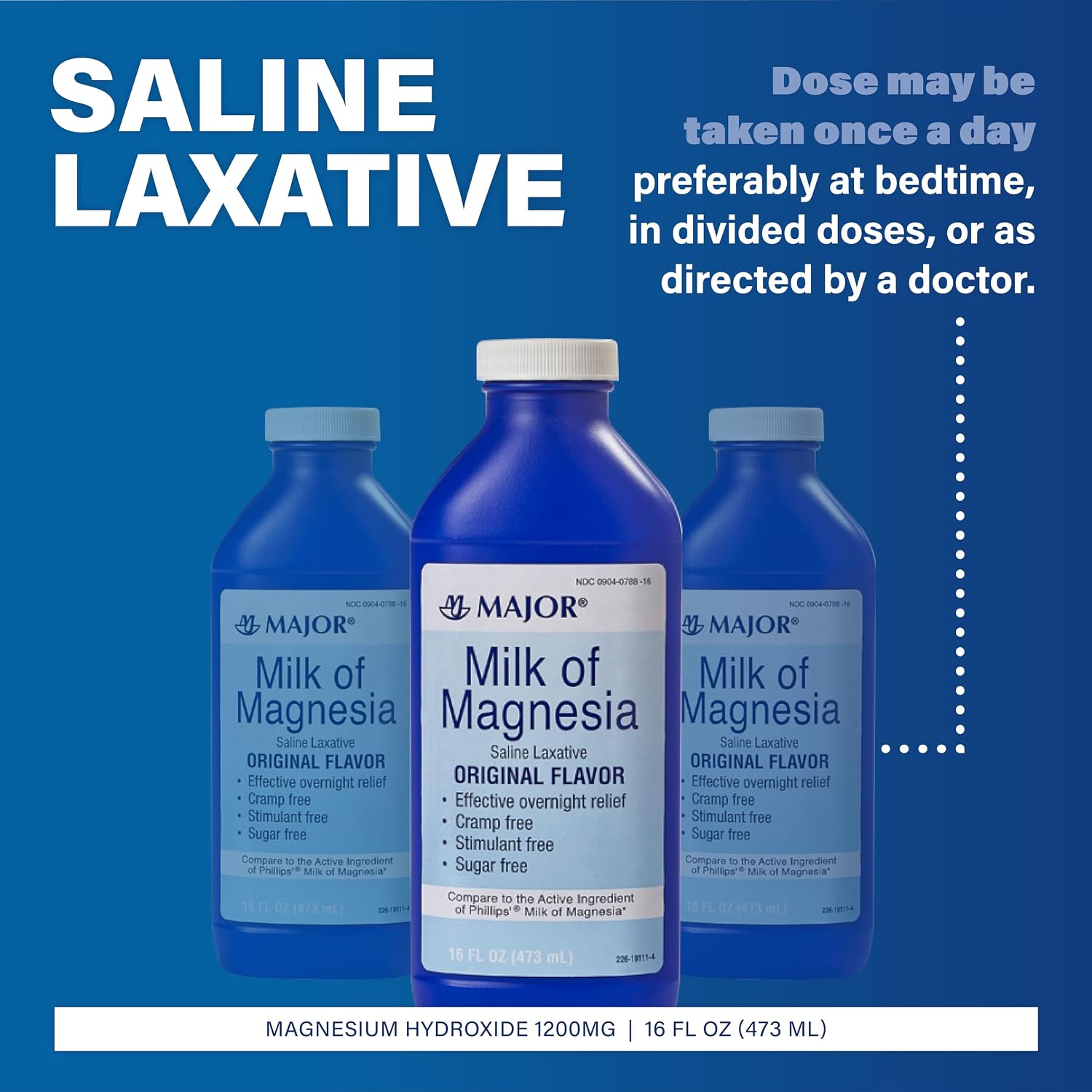 MAJOR Milk of Magnesia Saline Laxative - Original Flavor - Effective Overnight Relief - Stimulant-Free, Sugar-Free - 16 Fl Oz