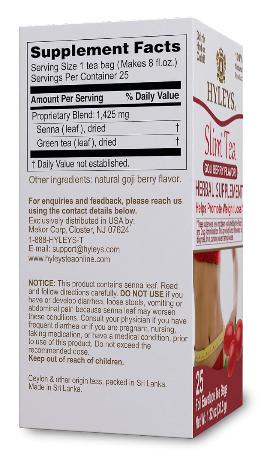 HYLEYS Slim Tea Goji Berry, Weight Loss Detox, Slimming Diet Tea, 25 Bags | Green Tea, Senna Detox & Cleanse, 3 Natural Ingredients, No Added Sugar, 1-Step Bedtime Routine, Supports Digestion