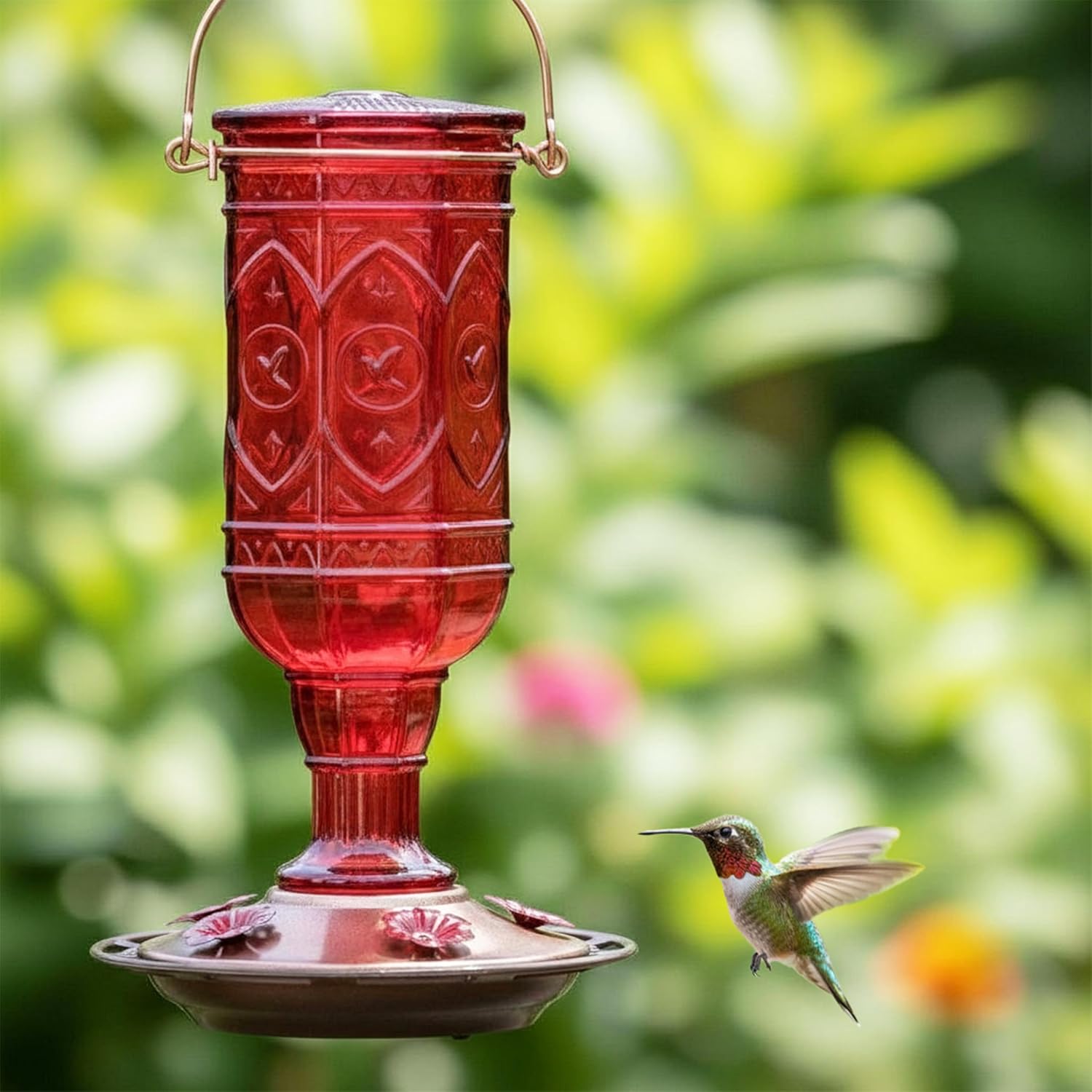 More Birds Red Jewel Hummingbird Feeder, Glass Bottle, 5 Feeding Ports and 20-Ounce Nectar Capacity (76IN)